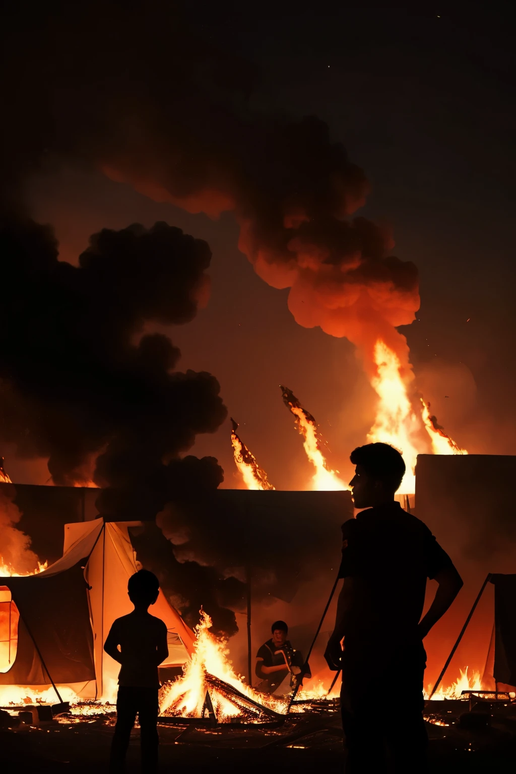 A night scene in shades of fiery red showing a Palestinian camp being bombed and burning, as the flames devour the camp and spread among the tents.. People are shown facing the flames, while a young stands in the foreground, a tear streaming down his cheek