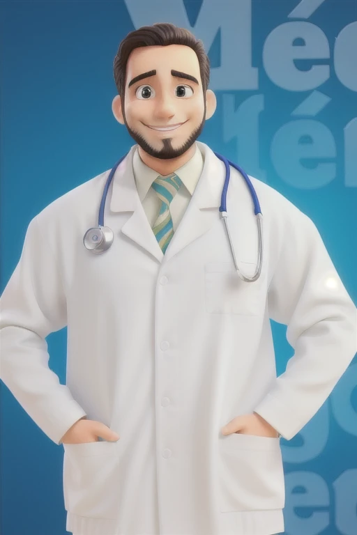 A smiling doctor, com uma barba e cabelo curto 