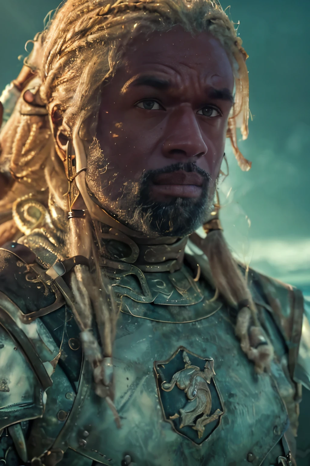 (((Cinematic epic poster))) of Corlys Velaryon , a old Black Man, 60 years old, ((white dreadlock hair)), wearing a combat armor, Gothic style, (((detailed face))), (a detailed RAW photo of a ), (master part:1.0), (best quality:1.4), (Ultra Highres:1.2), (photorealistic:1.4), 8K resolution, Canon EOS R5, 50 millimeters, Absurd, Ultra Detailed, sharp focus, Cinematic lighting, detailed face, (ULZZANG-6500-V1.1), detailed skin texture, pale skin, chest round, (pale :0.5), Cinematic lighting. (((Abstract wave dark background, cinematic lighting )))