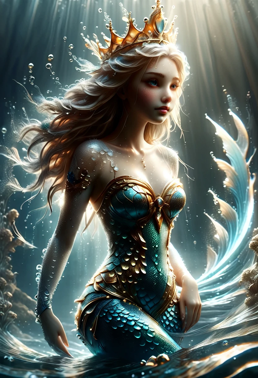 ((cuerpo entero, plano general:1.3)),1girl, beautiful mermaid princess, elegant mermaid dress, coral crown, sparkling crown, golden fish tail, golden scales, deep ocean, sunlight ray, intricate details, high quality, photorealistic, 8k, masterpiece, fantasy, dramatic lighting, cinematic, award-winning digital art