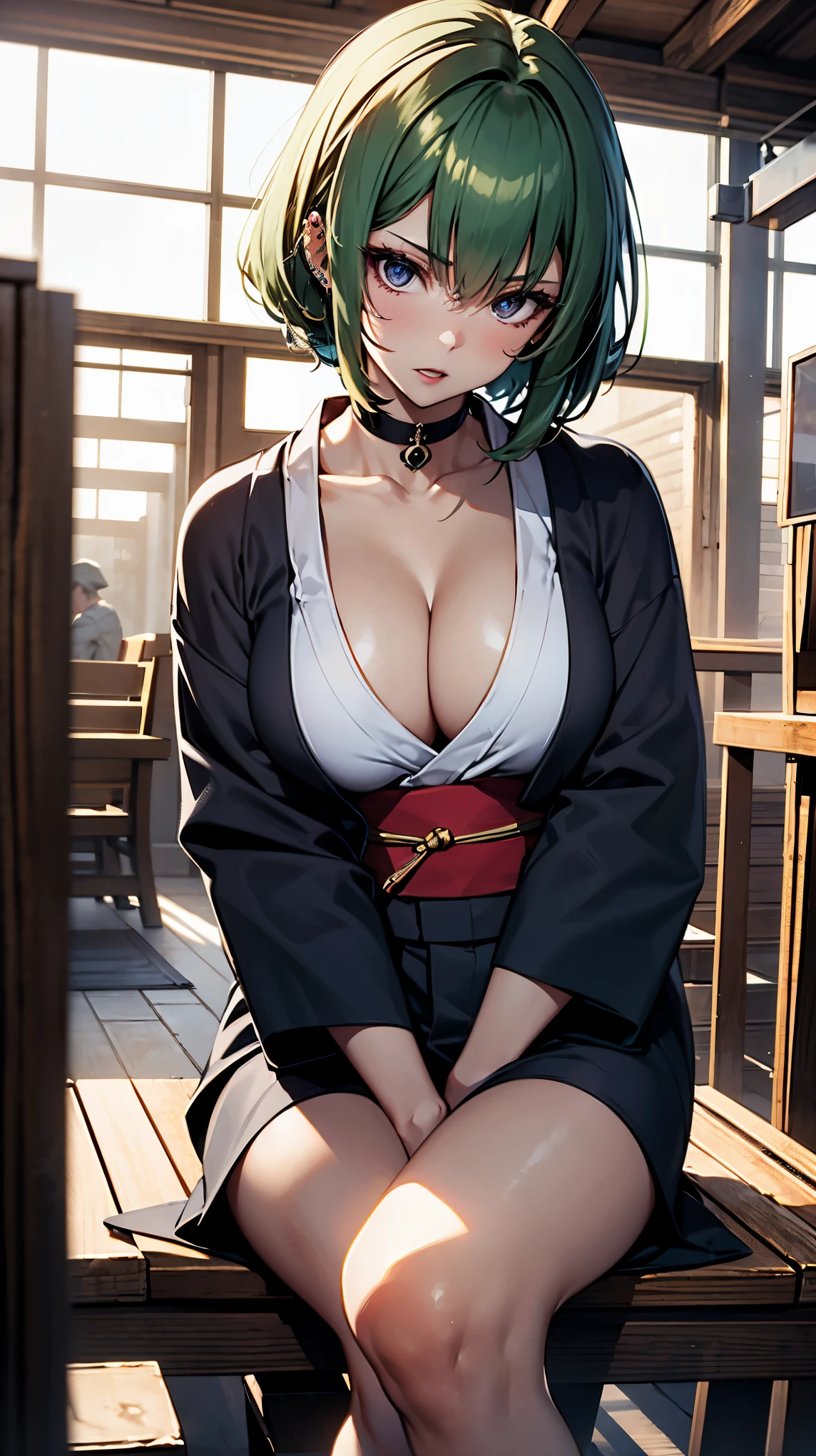 (1girl:1.3), Masterpiece, Best quality, amazing beauty, [[3D]], 4K, absurdres, finely detail, super detailed eye, perfect anatomy, official art, cinematic lighting, BREAK, temple, azalea, silky pixie cut, green hair, super shiny detailed black eye, cute eyes, thin eyebrow, looking down, open-mouth, Eyeshadow, red lips, piercing, shy face, BREAK , big breasts, tall, medium, wheat skin, glistening skin, sitting chair, crossed legs, head tilt, shoot from below, cowboy shot, Spotlight, BREAK , (Cleavage is visible:1.2), wearing a kimono,