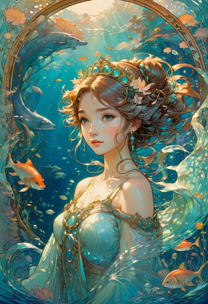 Mermaid Princess, by Studio Ghibli and Alphonse Mucha, best quality, masterpiece, very aesthetic, perfect composition, intricate details, ultra-detailed