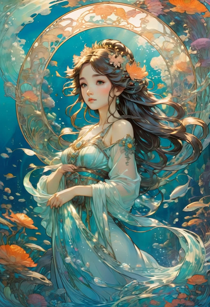 Mermaid Princess, by Studio Ghibli and Alphonse Mucha, best quality, masterpiece, very aesthetic, perfect composition, intricate details, ultra-detailed