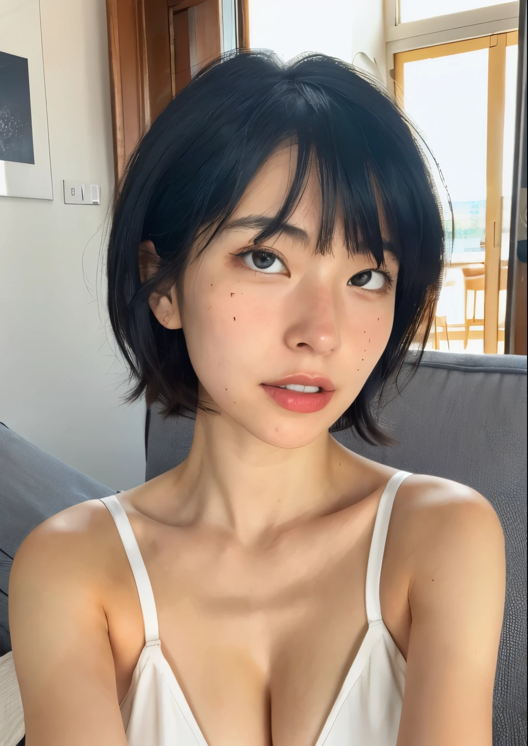 Instagram selfie ,Upper Body Shot、 Beautiful 26 year old Japanese woman , 笑face , Detailed skin、face、eye , Natural light , at home , short hair、Black Hair、wearing a silk camisole , Film Grain, Low contrast, 自然なface , 、Big Breasts、Cleavage、Fair skin、Multiple moles、Touch my breasts、plump