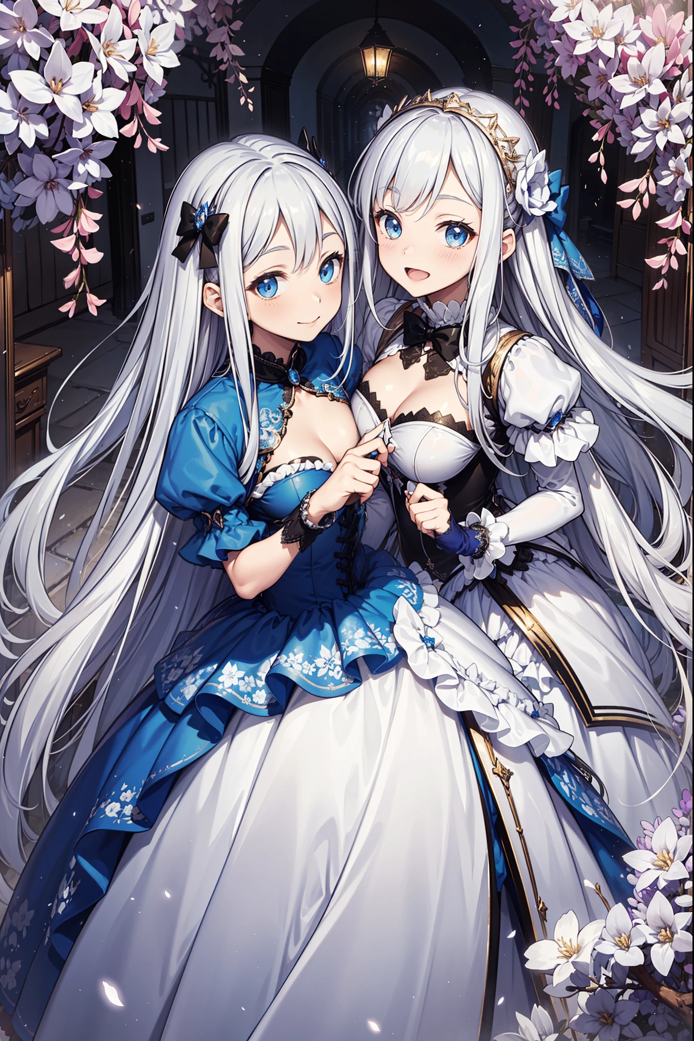 saints，magic，having fun，in love，(Western style magic white dress)，Silver Hair，blue eyes，Seductive pose,Beautifully dressed，Transparent Clothes，Lilac texture，Sky blue texture，puffy sleeves，Ruffles，Lace，Floral Decoration，Fabric decoration，Bow，European courtyard，The only person