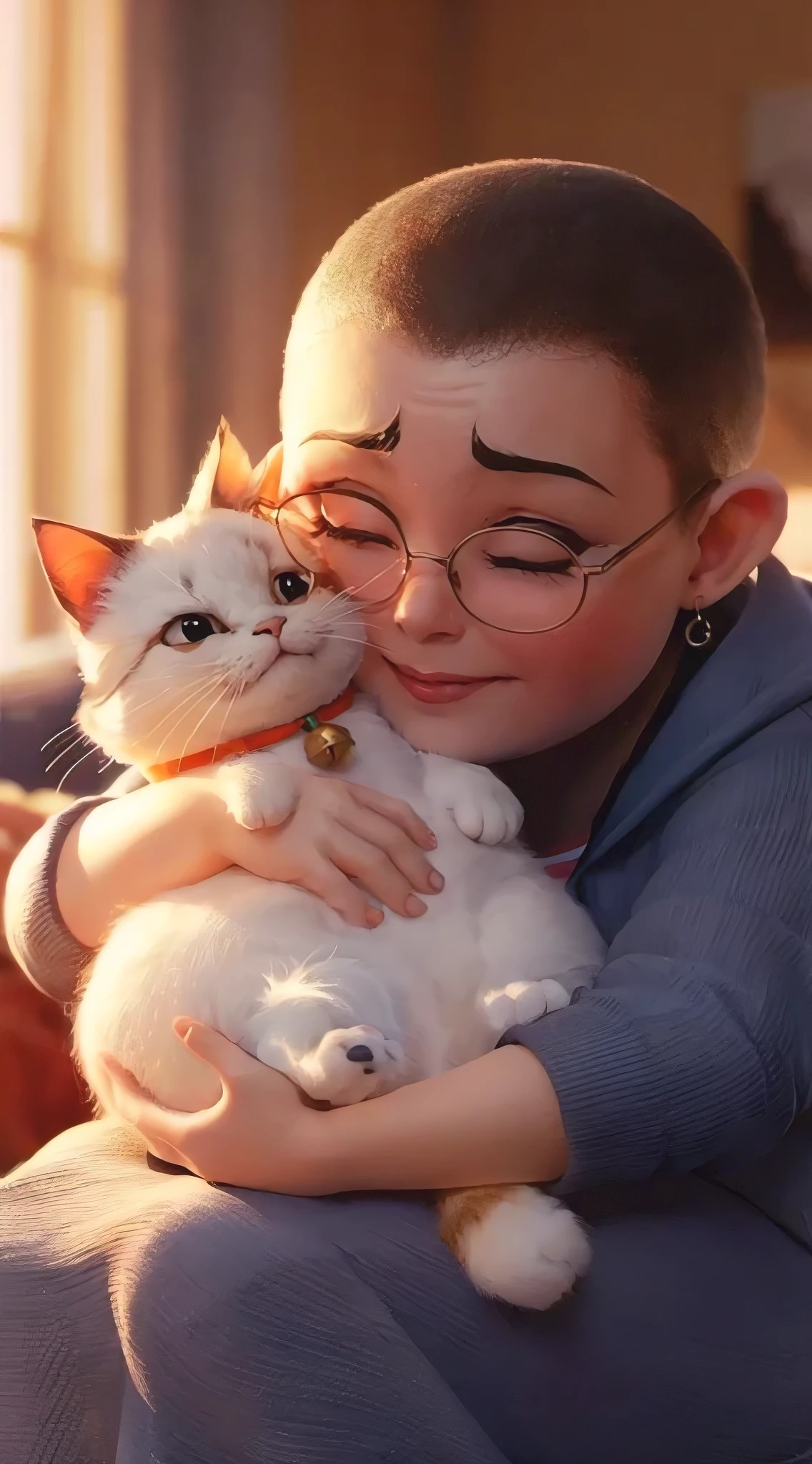 An emotionally captivating 3D render of a chubby, shaved-headed woman with glasses, embracing her adorable white tabby cat with a faint orange fur and a stubby tail. The cat sports an orange collar adorned with a bell. The woman's expression conveys a blend of happiness, sadness, and relief. The background showcases a warm and cozy room, and the soft glow from a window bathes the scene in a gentle light., 3d render, anime, illustration