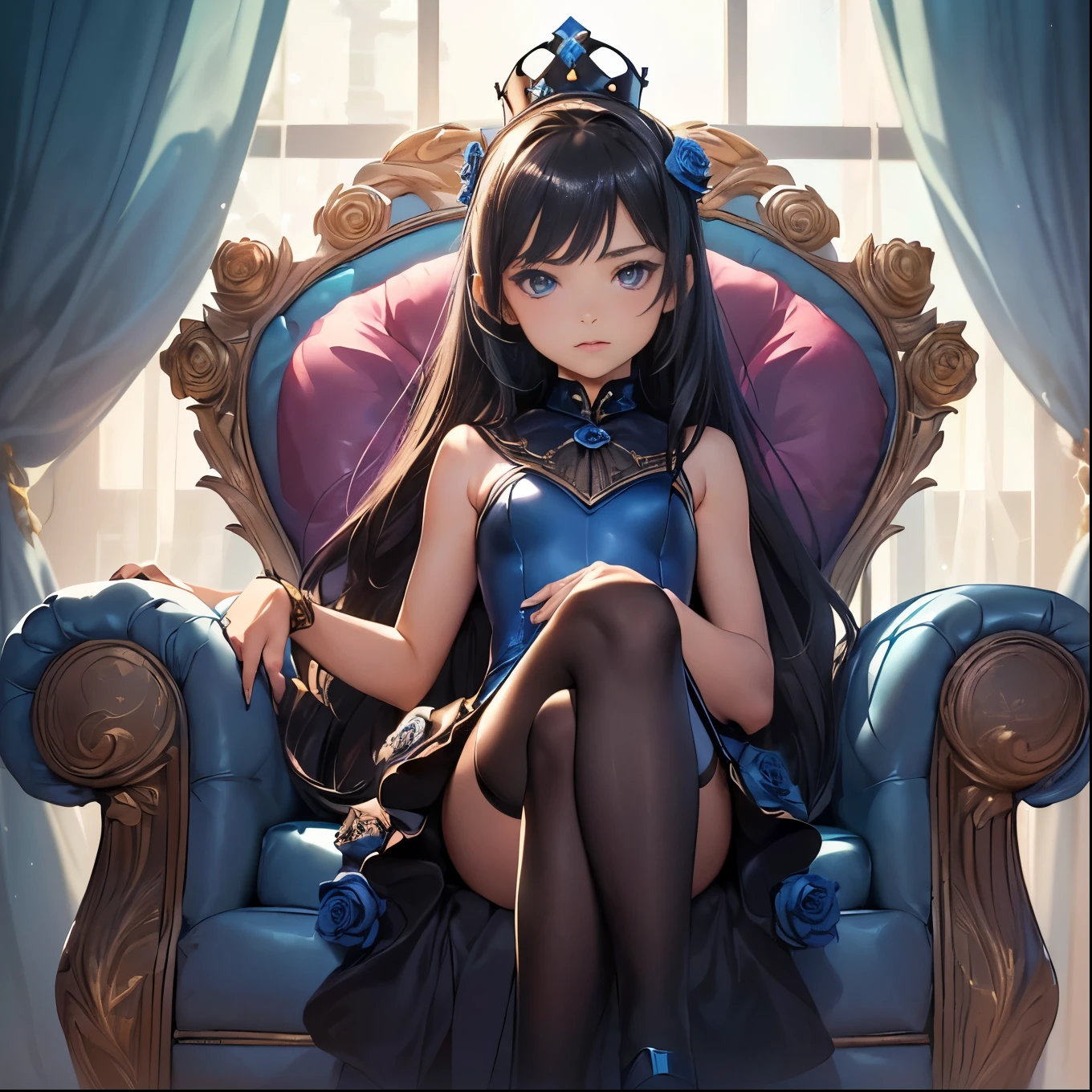 (Best image quality, masterpiece:1.2), (Ultra high definition illustration), (Very beautiful little ones:1.3), (************:1.3) (1 girl:1.2), alone, Browsing Caution, (Shoot from very low:1.3) ,(Condescending look:1.3), (Gorgeous Queen Blue Black High Leg Leotard Dress with Roses Sleeveless:1.3), Sit on the throne chair, Queen&#39;s Crown, (Underarm), Spread your legs, White panties:1.3), whole body, Round baby face, (Glasses, Blonde short cut), (White thigh-high pantyhose:1.3), (Wicked Smile, Nasty expression), Luxurious palace room, Fancy Room, RPG Royalty,、、, , Queen&#39;Crown,  (((((Open your feet wide　Showing off pussy:1.5))))、Underarm, Wicked Smile, Mean face, A girl&#39;s bratty smile, Luxurious palace room, Fancy Room, RPG Royale, Beautiful feet, Show the soles of your feet,