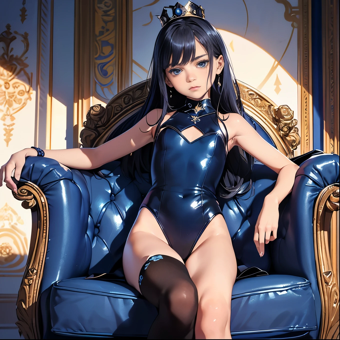 (Best image quality, masterpiece:1.2), (Ultra high definition illustration), (Very beautiful little ones:1.3), (************:1.3) (1 girl:1.2), alone, Browsing Caution, (Shoot from very low:1.3) ,(Condescending look:1.3), (Gorgeous Queen Blue Black High Leg Leotard Dress with Roses Sleeveless:1.3), Sit on the throne chair, Queen&#39;s Crown, (Underarm),(((((Open your feet wide　Showing off pussy:1.5)))) (Spread your legs, White panties:1.3), whole body, Round baby face, (Glasses, Blonde short cut), (White thigh-high pantyhose:1.3), (Wicked Smile, Nasty expression), Luxurious palace room, Fancy Room, RPG Royalty,、、, ,  、Underarm, Wicked Smile, Mean face, A girl&#39;s bratty smile, Luxurious palace room, Fancy Room, RPG Royale, Beautiful feet, Show the soles of your feet,