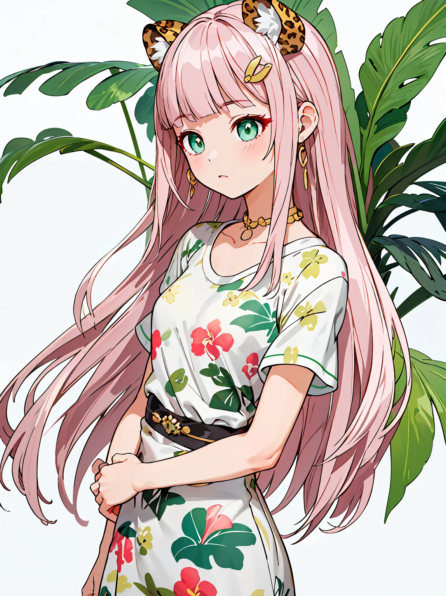 {{{{masterpiece}}}}, {{{Super detailed}}}, {{{high resolution}}},{{high resolution:1.3}}, {{good anatomy}}, (((best quality))),(on the bed),((emerald eyes)),(style of dollette),{{Extremely detailed and refined}}, {4k CG wallpaper}, {{illustration}},(((Side face contour,upper body shot,detailed face,big big eyeballs))),(|Detailed hair|blunt bangs|shiny hair),(((women's Leopard Printed shirt,Street Casual Short Sleeve Print Clothing Apparel Tropical Fashion Hawaiian Designer))),{{{emotionless,premature,underaged girl}}},(lesbian,mystery,intoxicated lady,1 woman:1),(Color difference:1.2),(small breasts),(show foot,bare foot,doggy posture,arms down),,(simple white background)