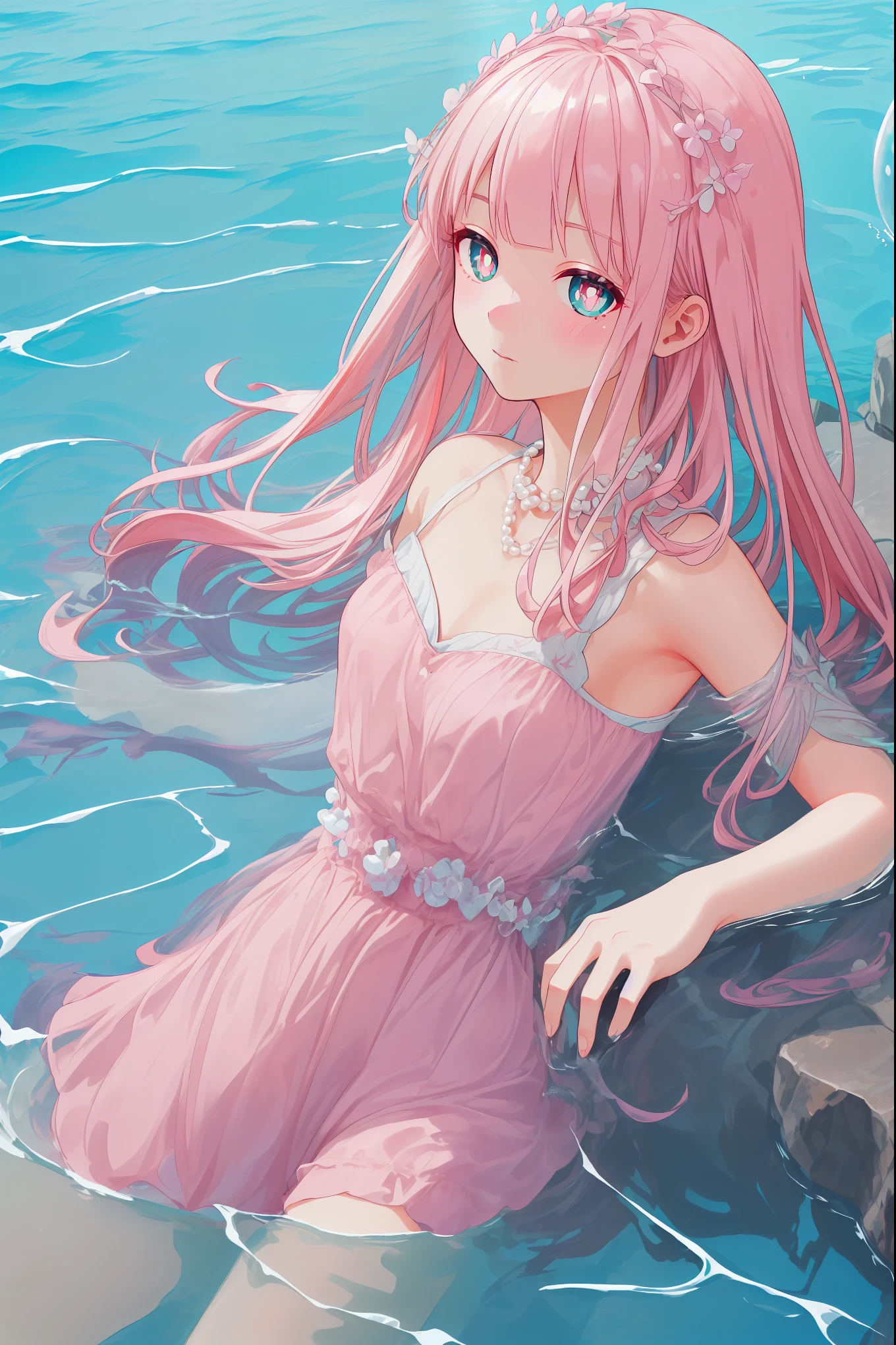 (((pearl pink hair,emerald pupils))),((beautiful and detailed)),(blushing), (geometric:1.1),(((under the water,in the ocean,bubbles,fish))), ((1girl,amazing,adorable girl,solo,arms down)),(Masterpiece,Best quality, offcial art,fractal art, Beautiful and aesthetic:1.2),(4k,HD,HRS),((small breasts)),(Physically-based rendering),Sharp focus, (((highdetailskin,The details are complex、Shallow depth of field、movie lighting、Reflectors、a Canon EOS R5、50mm lens、f / 2.8、shot at 8k resolution))),simple cloths，correct pupils,((((shiny hair|detailed hair|half bangs|long hair)))),(masterpiece sidelighting),(The sheen),(beautiful hair,beautiful background,bokeh:55mm)),((extremely_Detailed_Eyes_and_face)),Movie girl,(Dynamic posture: 1.2),Brilliant