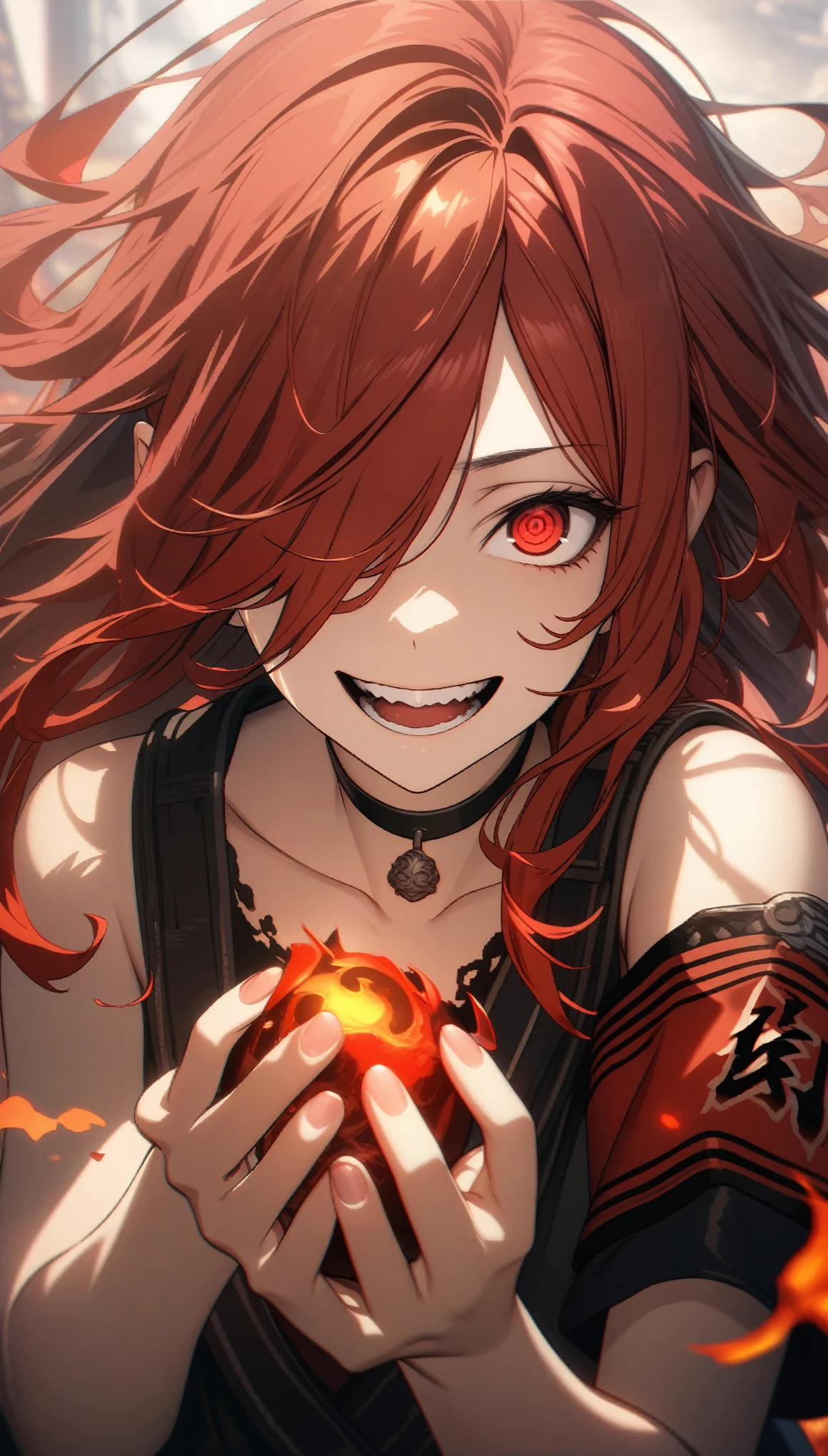 32k, best quality, ultra high res, HDR, UHD, extremely detailed CG, unity 32k wallpaper, highest quality, Intricate details, chromatic aberration, One girl, Long Hair, Red hair, Messy Hair, Red highlights, Hair on one eye, Red eyes, Sharp eyes, choker, Armband, Laugh eerily, Red flames in my hands,