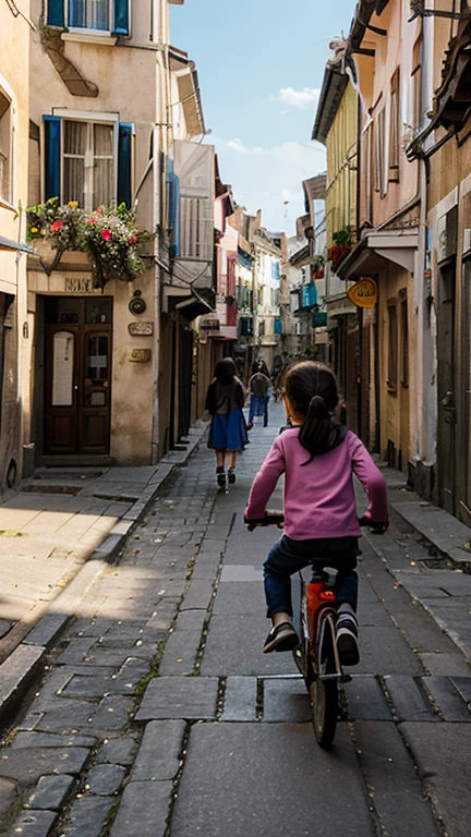 Create realistic images of children playing happily in a beautiful city