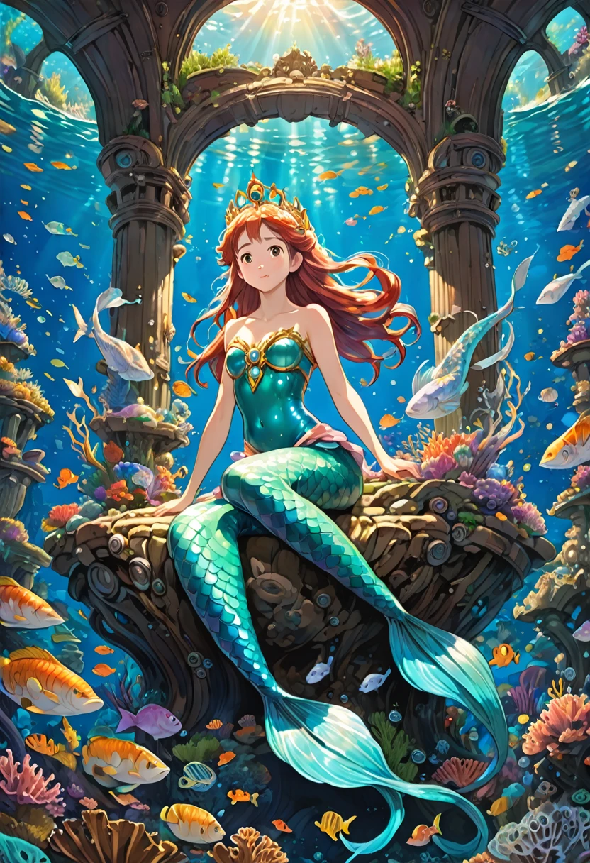 Mermaid Princess, by Studio Ghibli, best quality, masterpiece, very aesthetic, perfect composition, intricate details, ultra-detailed