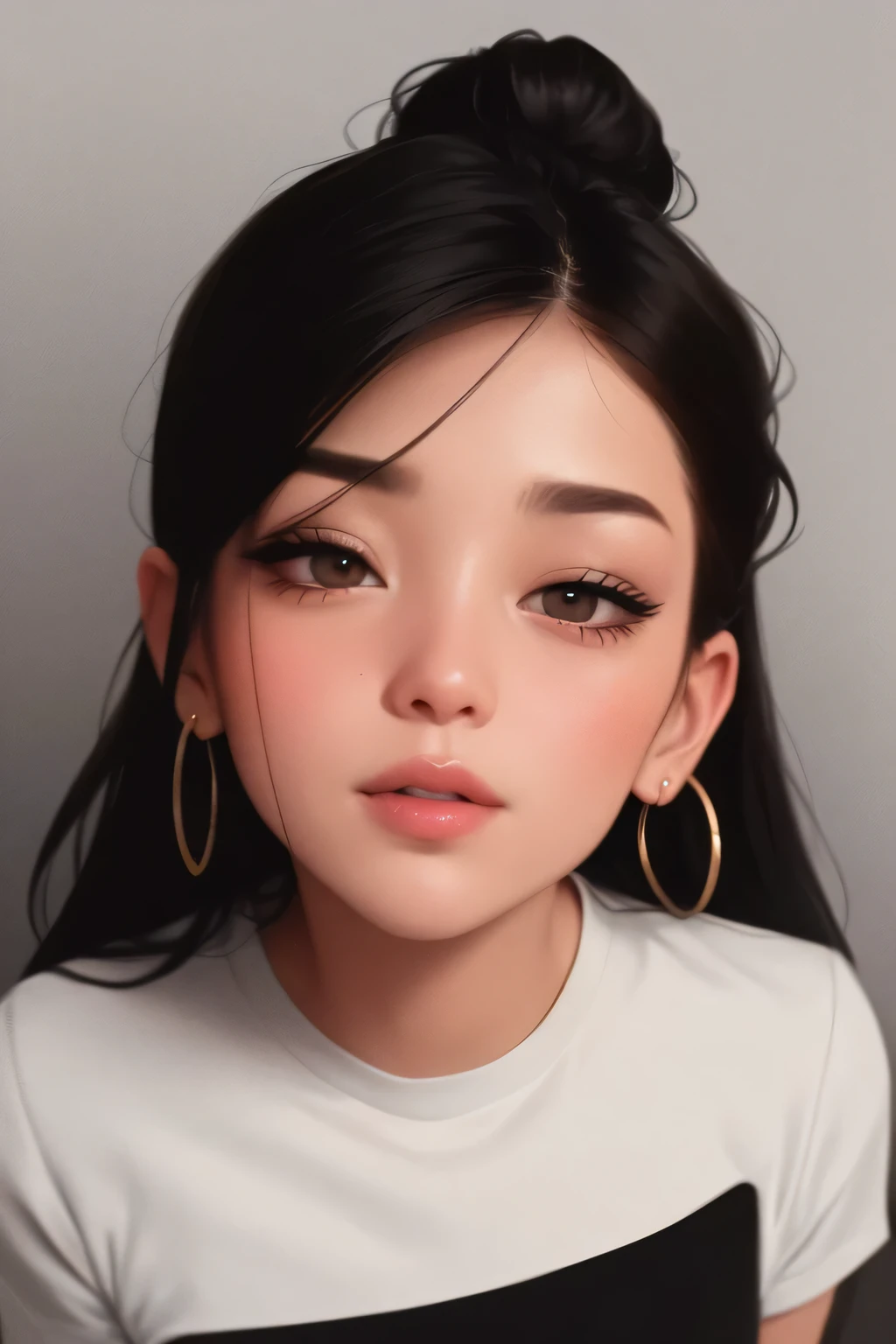 Amazing portrait of a sexy woman with a beautiful face with seductive eyes gazing intensely at me with her soft lips parted in anticipation of a kiss which is making her blush intensely her lips are also curved in a soft smile she has her luscious black hair in a cute bun wearing a black and white striped t shirt and a dark green skirt paired with some elegant earrings her t shirt showing her medium chest and perfect body off