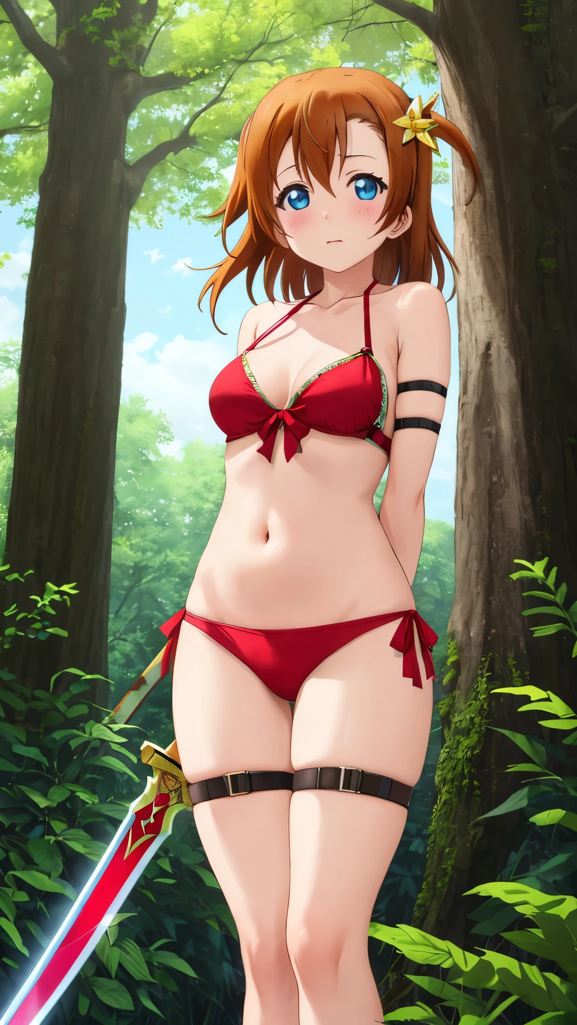 Masterpiece, best quality, kousaka honoka,floating hair, blue eyes,solo, looking_at_viewer, blush, red bikini, halter neck,side tie, collarbone, hair ornaments, standing forest, a tree with monster face,  bare_legs,arms behind back,thicc thighs, thighs straps, elbow and arm straps ,holy sword 