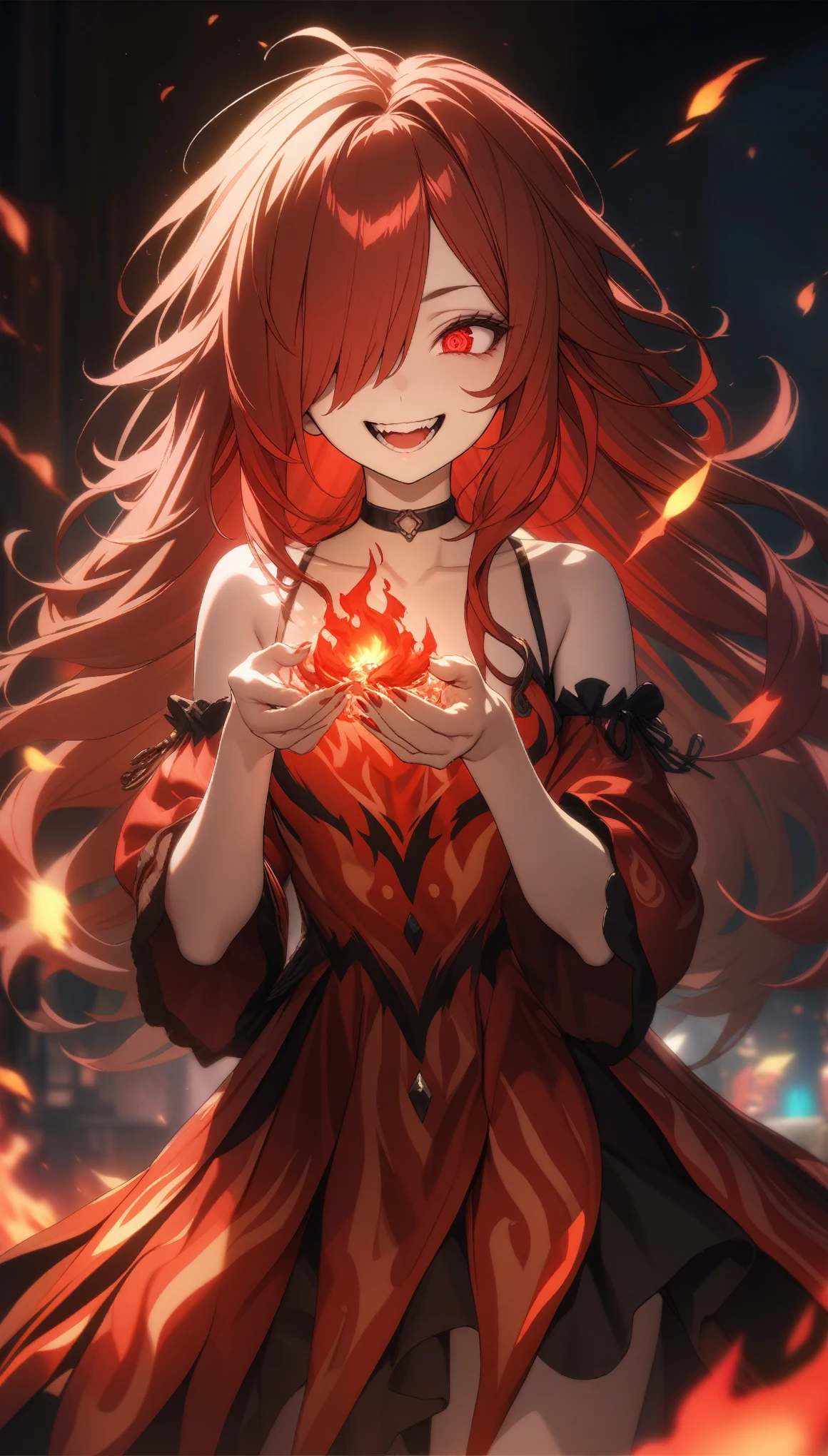 32k, best quality, ultra high res, HDR, UHD, extremely detailed CG, unity 32k wallpaper, highest quality, Intricate details, chromatic aberration, One girl, Long Hair, Red hair, Messy Hair, Red highlights, Hair on one eye, Red eyes, Sharp eyes, choker, Laugh eerily, Red flames in my hands, Red flame dress,