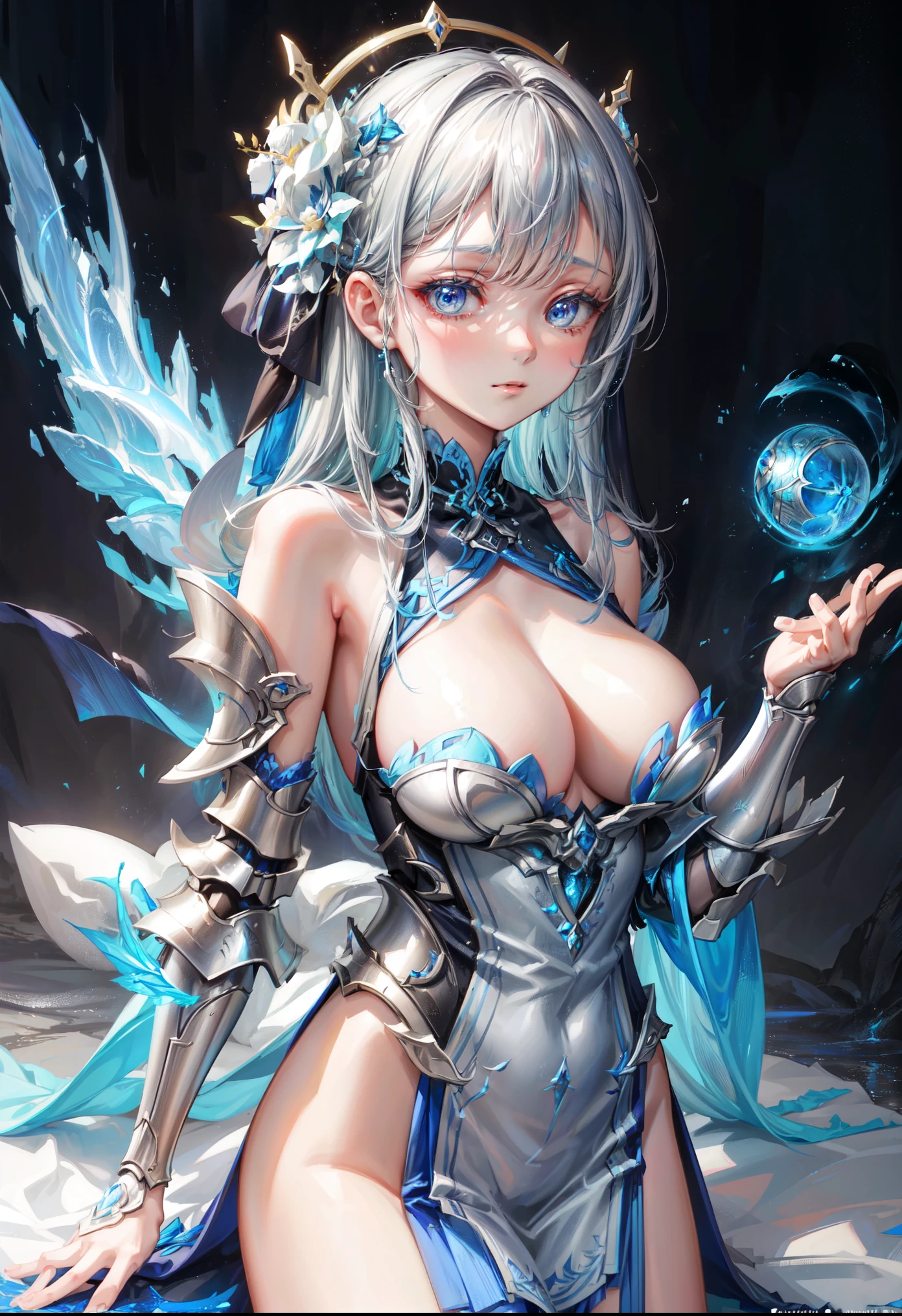 a close up of a woman in a silver and blue dress, chengwei pan on artstation, by Yang J, detailed fantasy art, stunning character art, fanart best artstation, epic exquisite character art, beautiful armor, extremely detailed artgerm, detailed digital anime art, artgerm on artstation pixiv, armor girl