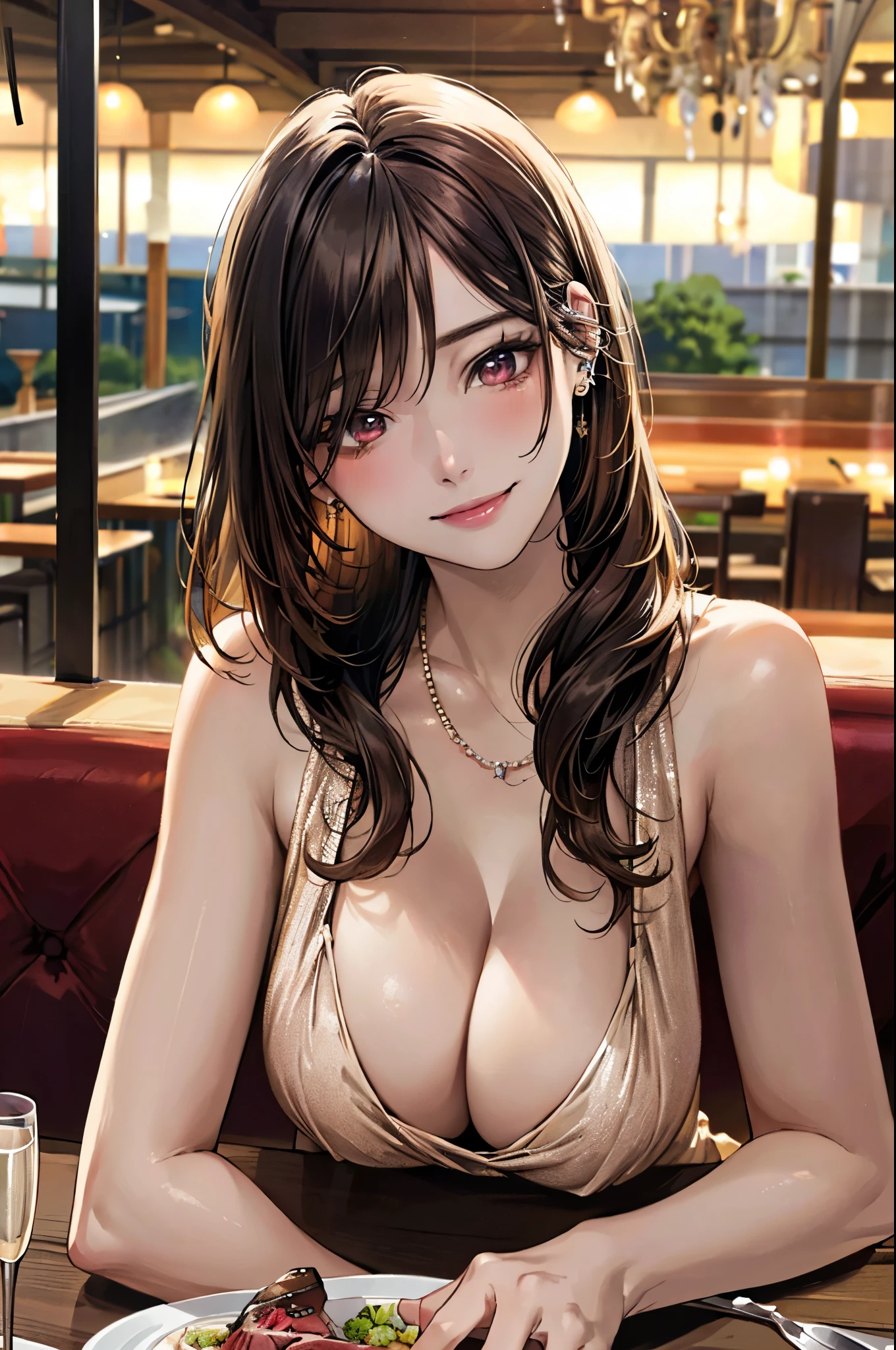 (masterpiece:1.3, top-quality, ultra high res, ultra detailed), (realistic, photorealistic:1.4), beautiful illustration, perfect lighting, natural lighting, romantic lighting, colorful, depth of fields, nfsw, 
looking at viewer, (pov across table), 1 girl, japanese, , perfect face, (perfect anatomy), cute and symmetrical face, baby face, s, 
(long hair, curvy hair, brown hair), swept bangs, maroon eyes, long eye lasher, (large breasts:0.8, seductive thighs, big ass), 
beautiful hair, beautiful face, beautiful detailed eyes, beautiful clavicle, beautiful body, beautiful chest, beautiful thigh, beautiful legs, beautiful fingers, break, 
(cleavage, necklaces, black bracelets),  
(beautiful scenery), day time, (food, steak, champagne glass, restaurant:1.4), head tilt, (lovely smile, upper eyes), 