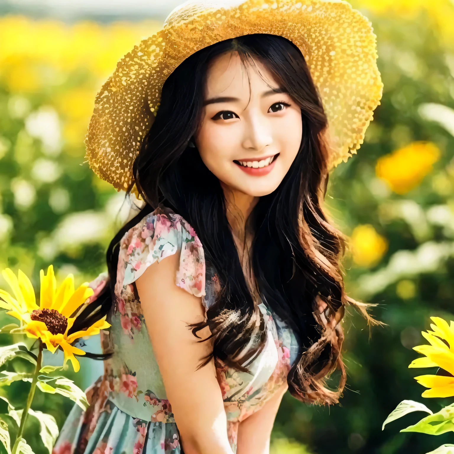 A woman taking a photo wearing a dress and hat, beautiful young Korean women, beautiful south Korean women, gorgeous young Korean women, Beautiful Asian Girl, Korean Girls, Korean women, Chinese Girl, korean female fashion model, asian girl with long hair, Beautiful Asian Woman, young asian girl, Beautiful and smiling, Cute young woman, Young Asian Woman, Attractive girl，Wide flower field，sunflower，Evenly sized eyes，Well-formed eyes，Pretending to turn around，