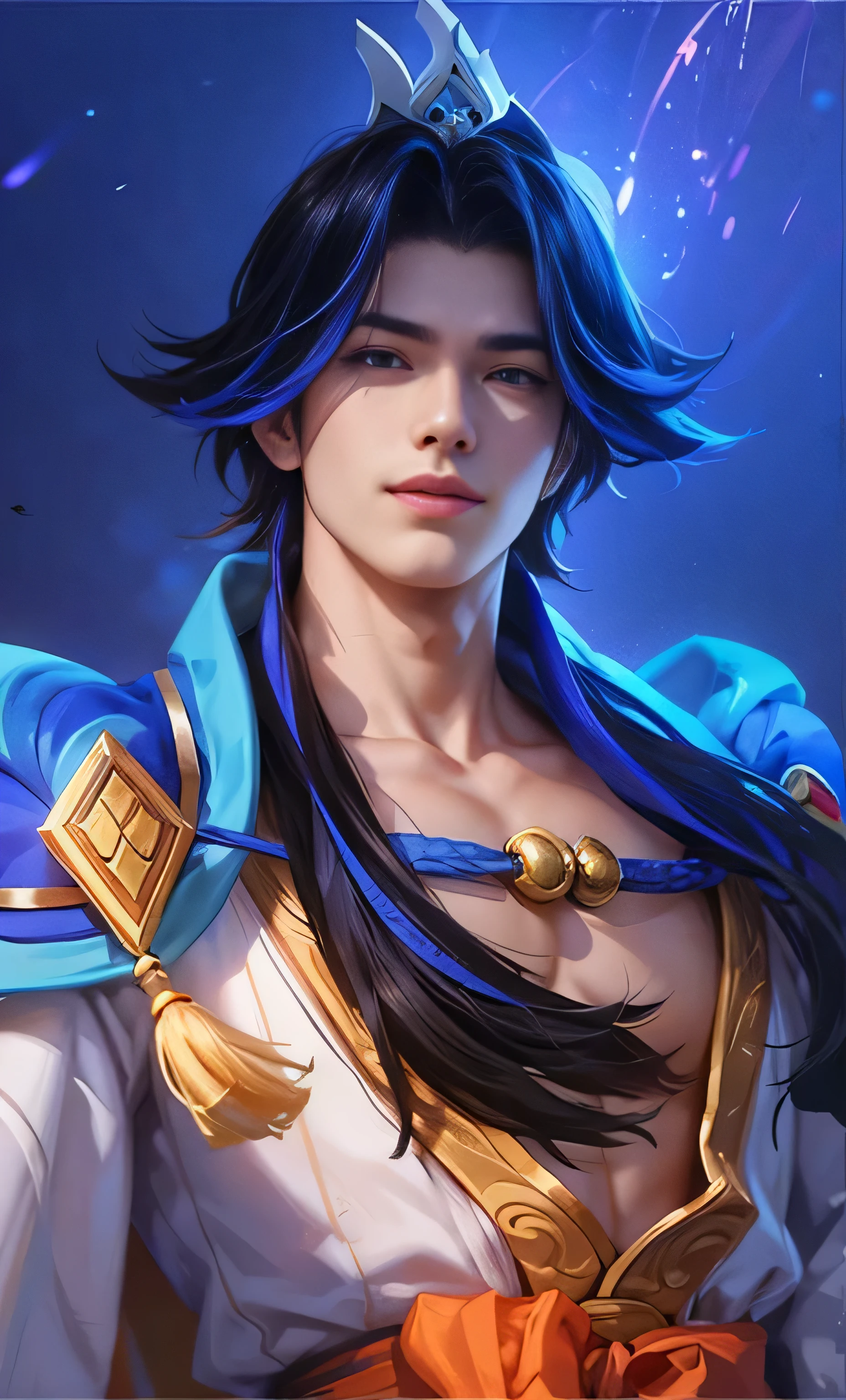 Best quality, masterpiece, detailed skin texture, detailed clothes texture, detailed face, super detail, 8k, intricate detail, 1 boy, The color doesn't change, Muscle guy, 1 guy, smile, a close up of a person with a fan in their hand, heise jinyao, inspired by Huang Shen, zhao yun, keqing from genshin impact, zhongli from genshin impact, bian lian, onmyoji portrait, inspired by Shen Zhou, inspired by Pu Hua, zenra taliyah, sylas, onmyoji detailed art