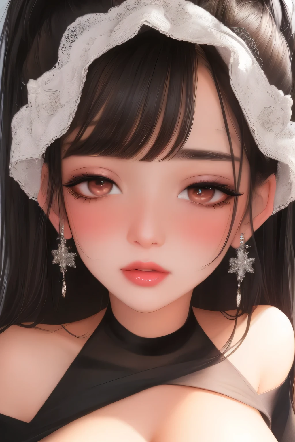 Amazing portrait of a sexy woman with a beautiful face emphasised by amazing makeup and black hair and seductive eyes in an intense gaze with her mouth parted and a deep blush on her face as she's flustered wearing an off shoulder t shirt
