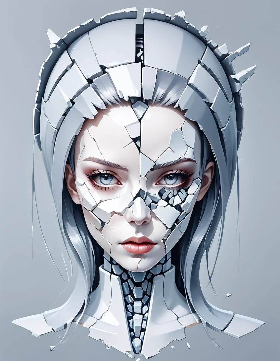 A portrait of a female broken android with a cracked porcelain face that's shattering into fragments, futuristic look,  close-up, skull,  shattered glass,  made of porcelain, broken, destroyed, abstract patterns,  white and light gray, photograph, raw photo, film grain, masterpiece