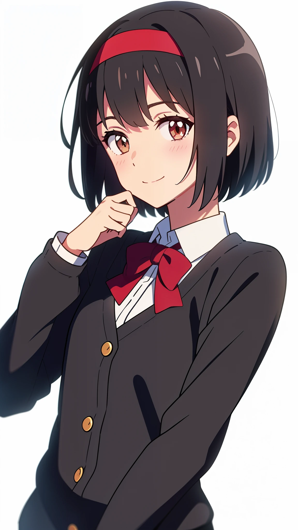 shinkai makoto, kimi no na wa., 1girl, bangs, black hair, blush, brown eyes, shinny skin, red headband, red ribbon, red bow, collared shirt, white shirt, black cardigans, looking at the viewer, short hair, cute, smile, solo, upper body portrait, long sleeves, simple background