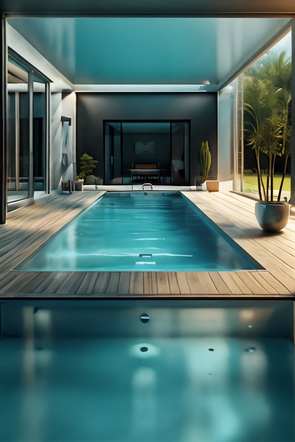 "/prefer suffix --ar 3:2 --q 2 --v 5.1" realistic swimming pool in minimalist home with legs in water