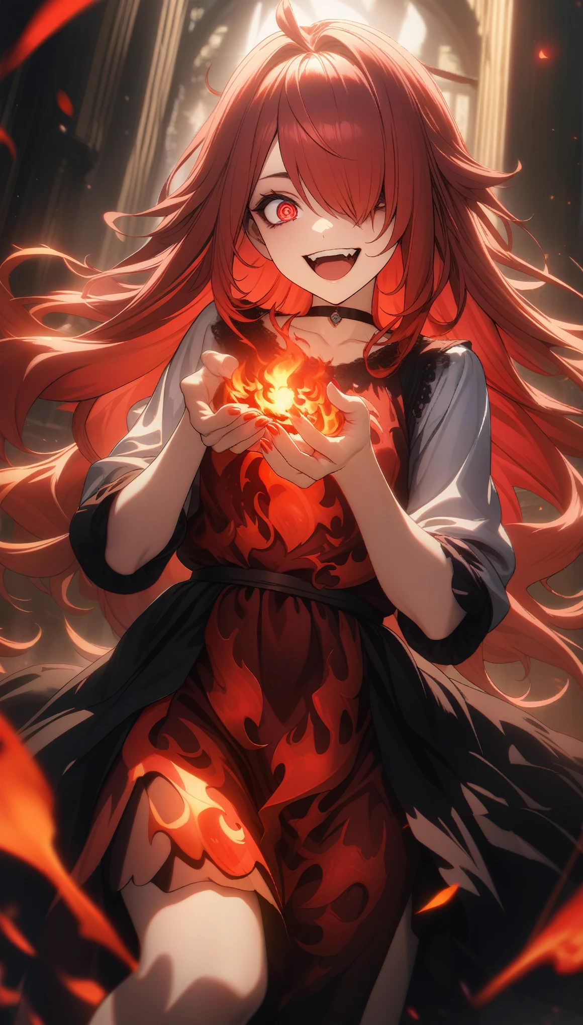 32k, best quality, ultra high res, HDR, UHD, extremely detailed CG, unity 32k wallpaper, highest quality, Intricate details, chromatic aberration, One girl, Long Hair, Red hair, Messy Hair, Red highlights, Hair on one eye, Red eyes, Sharp eyes, choker, Laugh eerily, Red flames in my hands, Red flame dress, 