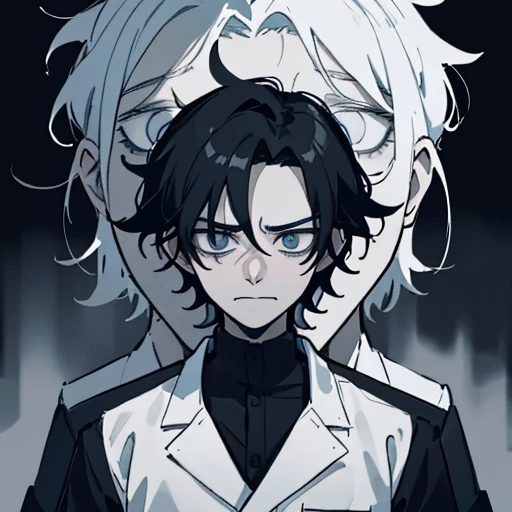 Anime boy, simple straight black hair, panic emotions, pale, miserable, panic, need help, black theme, dark, creepy, weird, white shirt, pathetic, lost mind, weirdo, man, thin, dirty, he looks scary, black yandere, creepy smile, scary actions, looks like an addict