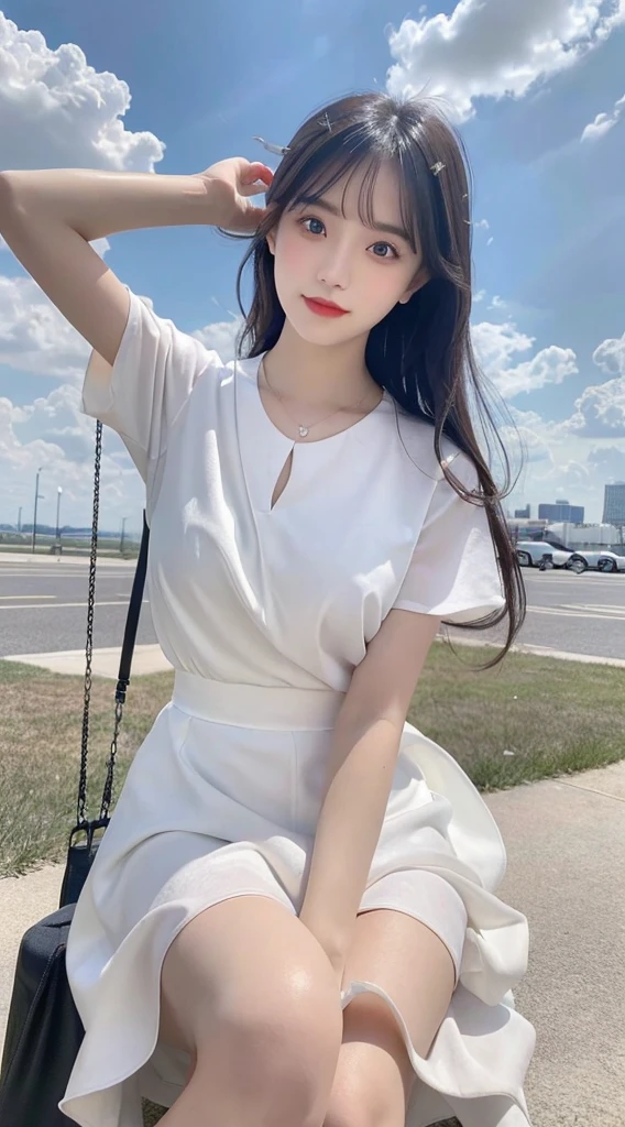 Exquisite face,Best quality, masterpiece, a girl, above the clouds, alone, hair, bangs, flowing black hair, skirt, sitting,  eyes, short sleeves, outdoors, parted lips, sky, day, clouds, white dress, blue sky, cloudy sky, swing, xxmix_girl,real, lifelike