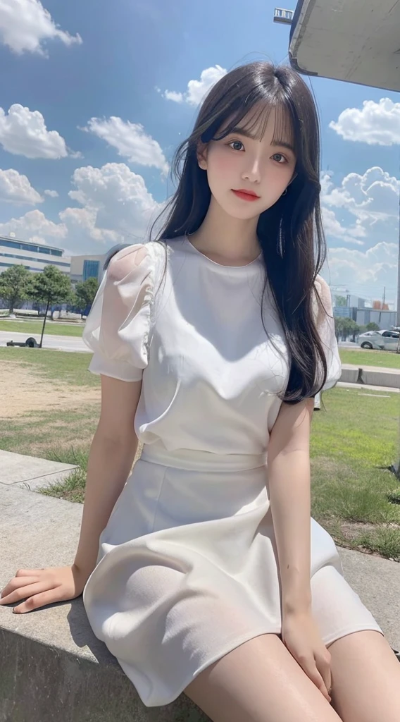 Exquisite face,Best quality, masterpiece, a girl, above the clouds, alone, hair, bangs, flowing black hair, skirt, sitting,  eyes, short sleeves, outdoors, parted lips, sky, day, clouds, white dress, blue sky, cloudy sky, swing, xxmix_girl,real, lifelike