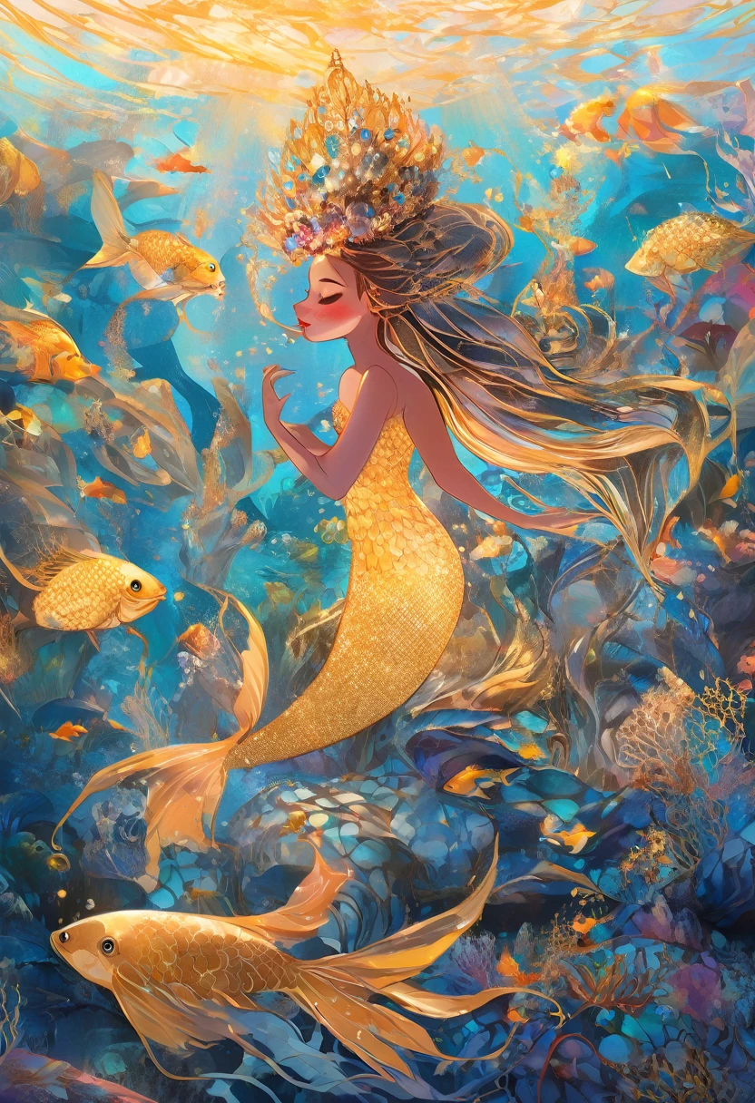 ((full body, wide shot:1.3)), ((graffiti on wall:1.4)) ,1girl, beautiful mermaid princess, elegant mermaid dress, coral crown, shiny crown, golden fish tail, golden scales, deep ocean , sunburst, intricate details, high quality, photorealistic, 8k, masterpiece, fantasy, dramatic lighting, cinematic, award-winning digital art