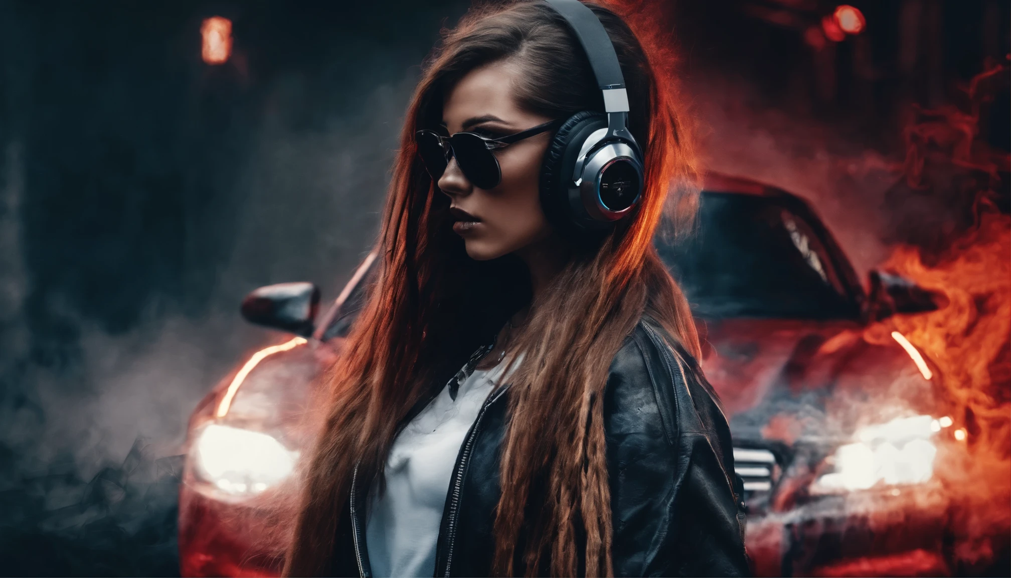 In the foreground is a beautiful young girl with long hair., wearing large stylish headphones. She looks confident and immersed in the music. There is a sports car in the background, shrouded in colorful smoke, creating a vibrant and dynamic atmosphere.
Details for creating a picture:
Main object:
beautiful young girl in bikini,in sunglasses.
long hair.
Large stylish headphones.
the background:
sports car (Sports car).
colorful smoke, surrounding car.
Style and mood:
Modern and dynamic style.
Bright and rich colors for smoke.
An atmosphere of energy and movement.
Technical specifications:
a high resolution.
Realistic or semi-realistic stylization.
Well-detailed details of headphones and car.
Dramatic lighting to create striking contrasts and highlight key elements