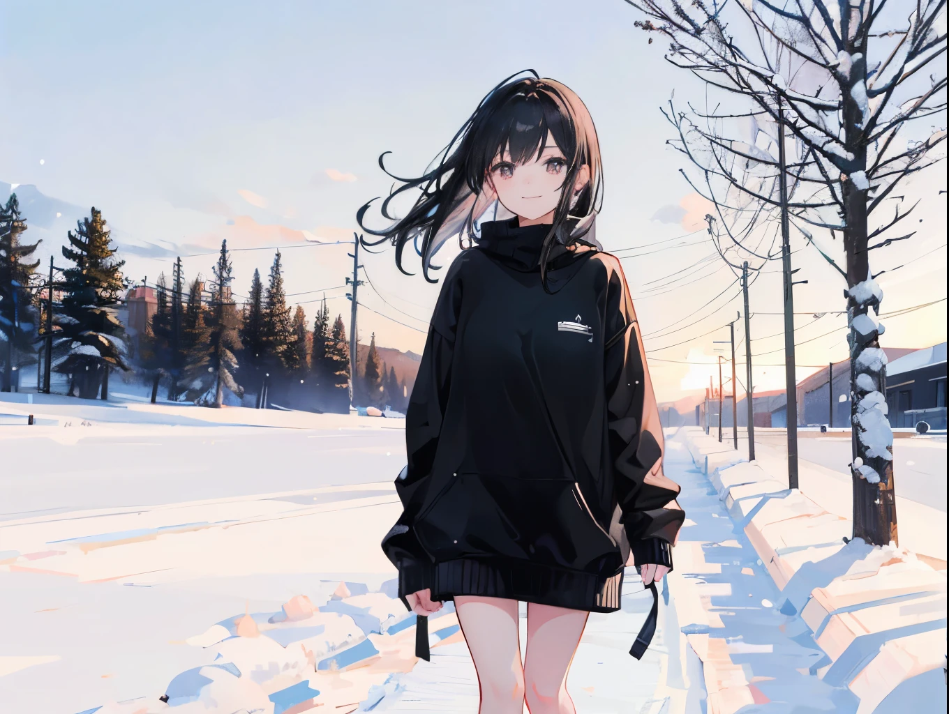 Masterpiece, Best quality, 独奏，a pregirl，Nice face，are standing，Black waist-length hair，Wear a pink hooded casual sweatshirt（The sweatshirt has a cute bear pattern on it），I didn't wear pants on my lower body，White stockings，C cup，Reach your hands in your pockets，exteriors，snow landscape，with blue sky and white clouds，In the park，nevando