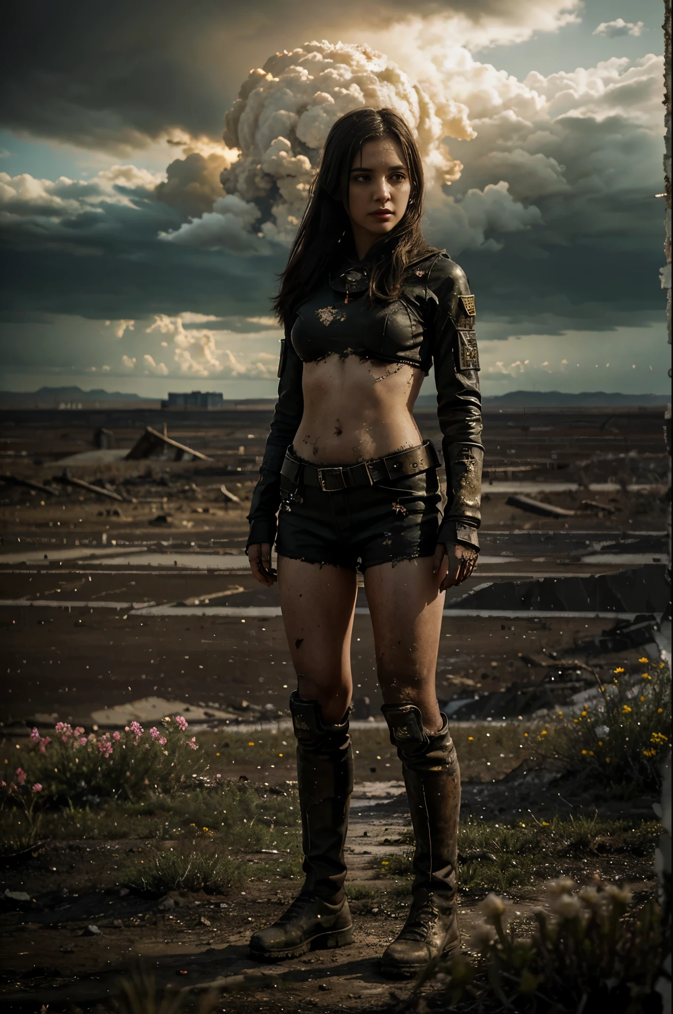 "Oil painting, ((resilient)) girl standing amidst nuclear wasteland ruins, delicate flowers emerging from the desolation, ominous clouds casting shadows, ((haunting beauty)), post-apocalyptic masterpiece"