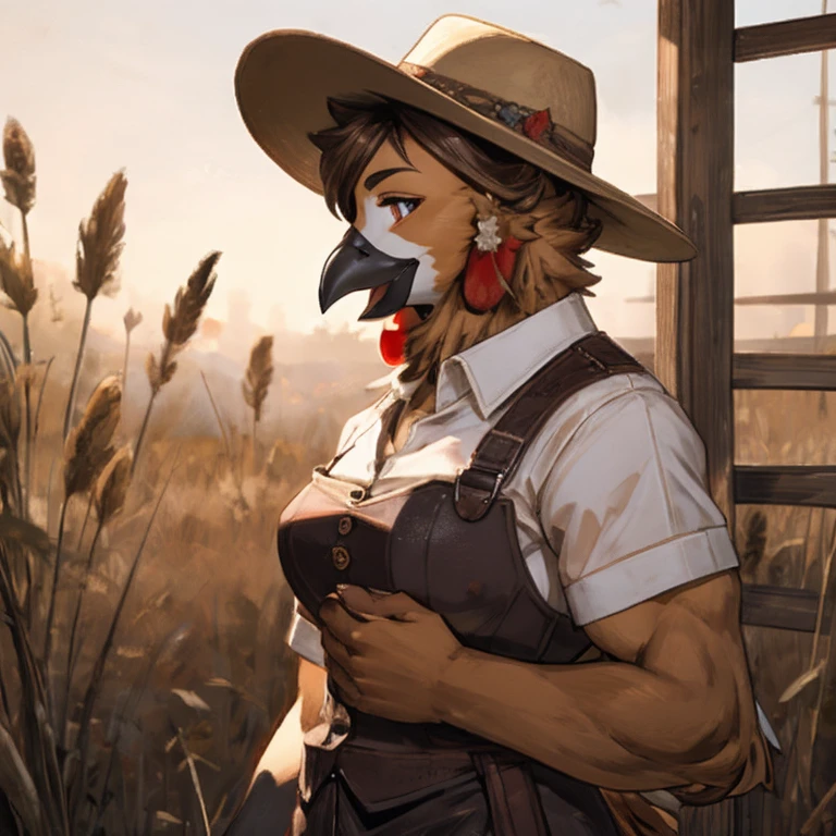 Female Chicken, muscular, brown feathers, farmer