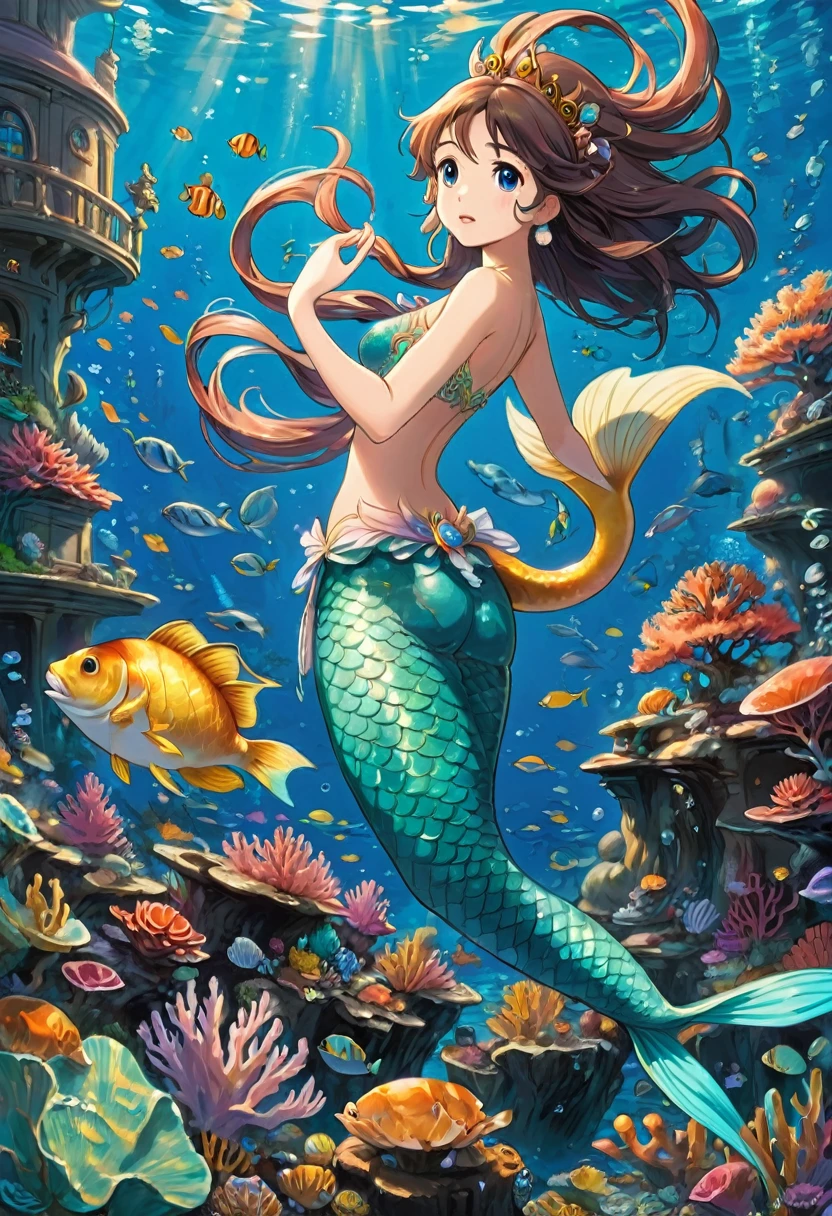 Mermaid Princess, by Studio Ghibli, best quality, masterpiece, very aesthetic, perfect composition, intricate details, ultra-detailed