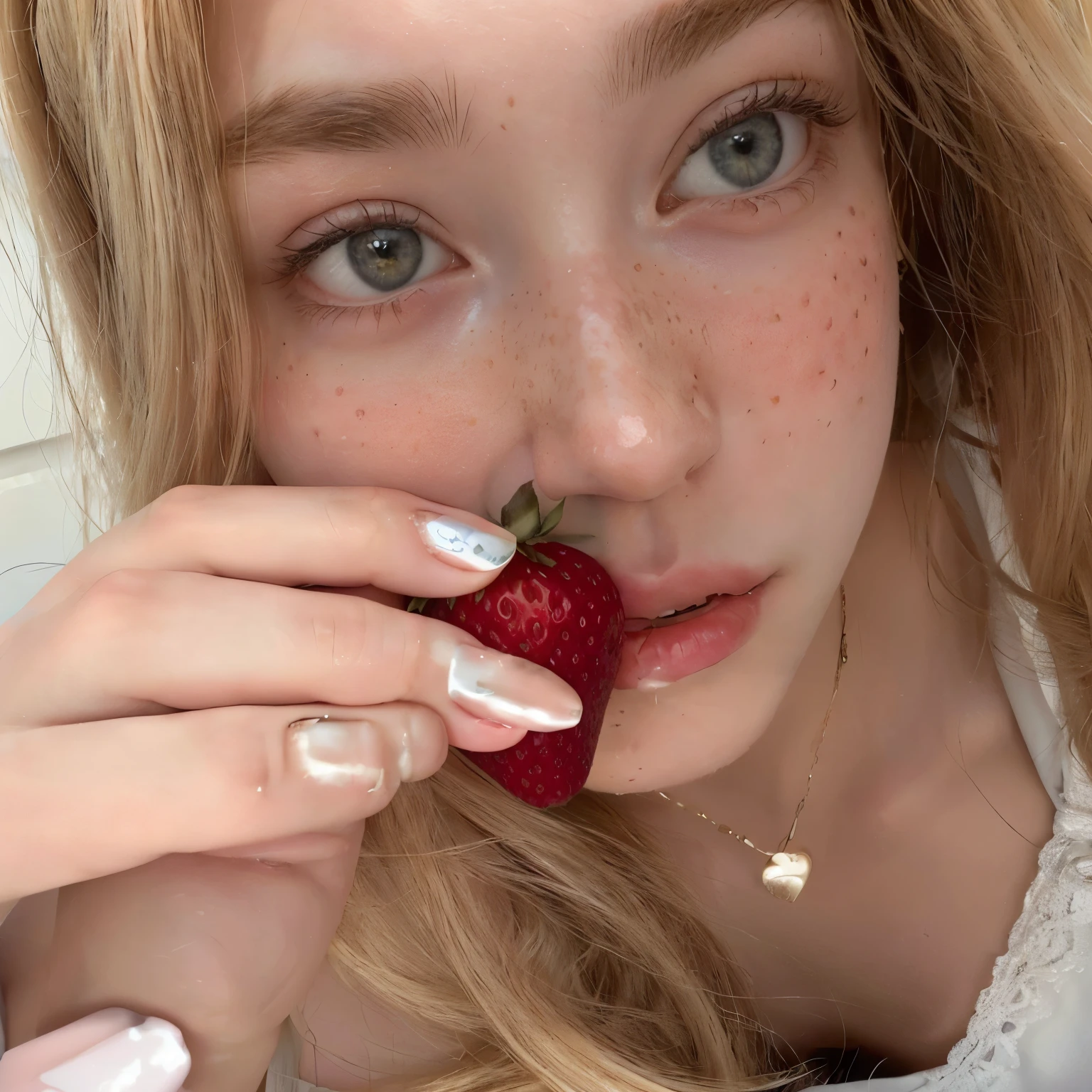 blond woman with long hair and white nails holding a strawberry, sydney sweeney, holding a giant strawberry, in style of petra collins, strawberry, portrait of kim petras, wearing strawberry backpack, drinking a strawberry iced latte, saoirse ronan, sophie turner, with apple, hand on her chin, small freckles, by Anna Haifisch, hand on cheek