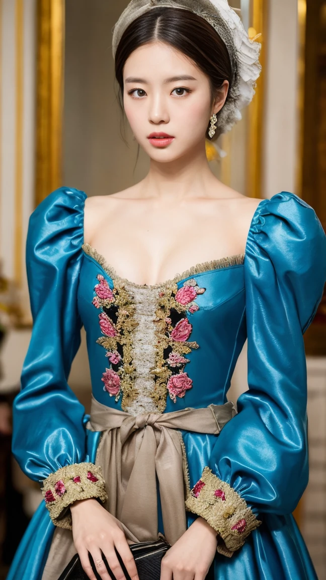 Marie Antoinette、Wear colorful, extravagant clothing、Open chest、I'm not wearing anything underneath、See-through、Legs wide open、Full Body Shot、20th Ayaka、NiziU AYAKA、 4K、1People Women、slender、 Loose, wavy styling 、Fascinating and attractive、Including the texture of the face and skin.,Detailed eyes