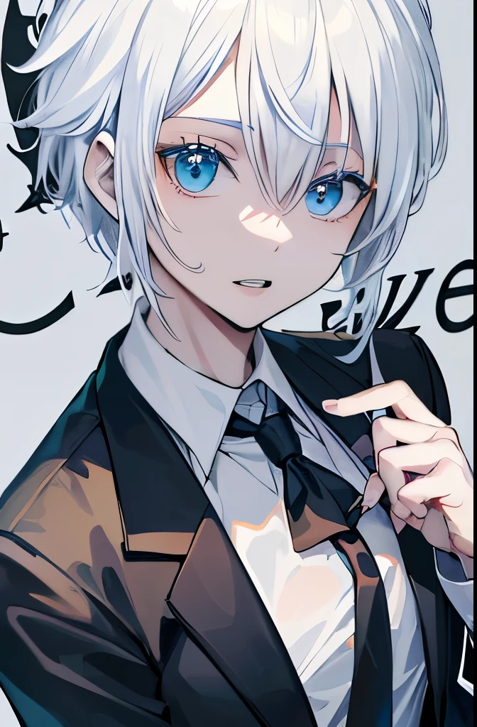 (masuter piece,Best Quality,Ultra-detailed), (A detailed face),Gojo Gojo, Solo, white hair, Blue Eyes, bangss, white shirt, Black tie,Black jacket, (in bad: 1.2), Looking at the viewer, (interview: 1.3), From above, sharp contrast, Beautiful detailed eyes, Close Up Shot,magazine title