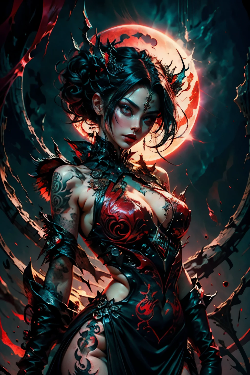 volcano in background, erotic,/ dark queen, evil, sinister, fatal seduction, /colorful design , red design ,vermilion, Aurora, mythical, glowing light, red light,/ erotic pose, pore black hair, big eyes, body covered with tattoo, red lips, black dress