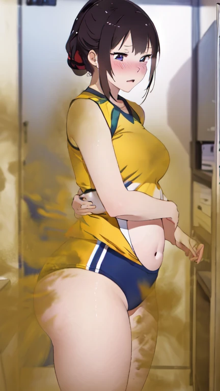 2 Asian girls, anime girls, both farting together side by side, desperate to poop, farting while standing, farting in public changing room, wearing volleyball outfit, stomach bloated, hands hugging stomach, pained expression, shocked and embarrassed, mouth open in shock, sweating, blushing, beautiful and cute face, anime art style, fit body, tall and thin, view from side, legs spread, (masterpiece:1.2、top-quality, best-quality)、(the Extremely Detailed CG Unity 8K Wallpapers、ultra-detailed、Best Shadows)、(Detailed background)、(The best lighting、extremely delicate and beautiful)、depth of fields、2girls in