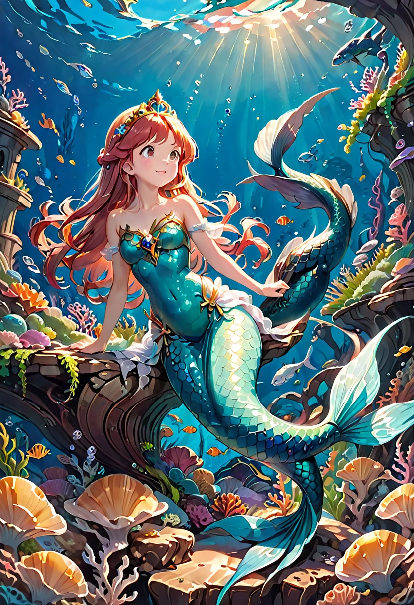 Mermaid Princess, by Studio Ghibli, best quality, masterpiece, very aesthetic, perfect composition, intricate details, ultra-detailed