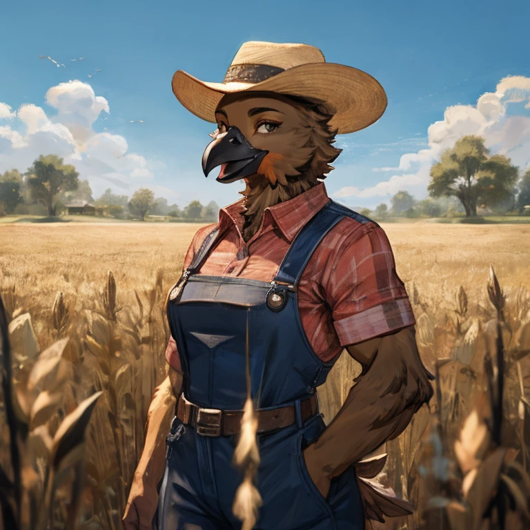 Female Chicken, muscular, brown feathers, black beak, farmer