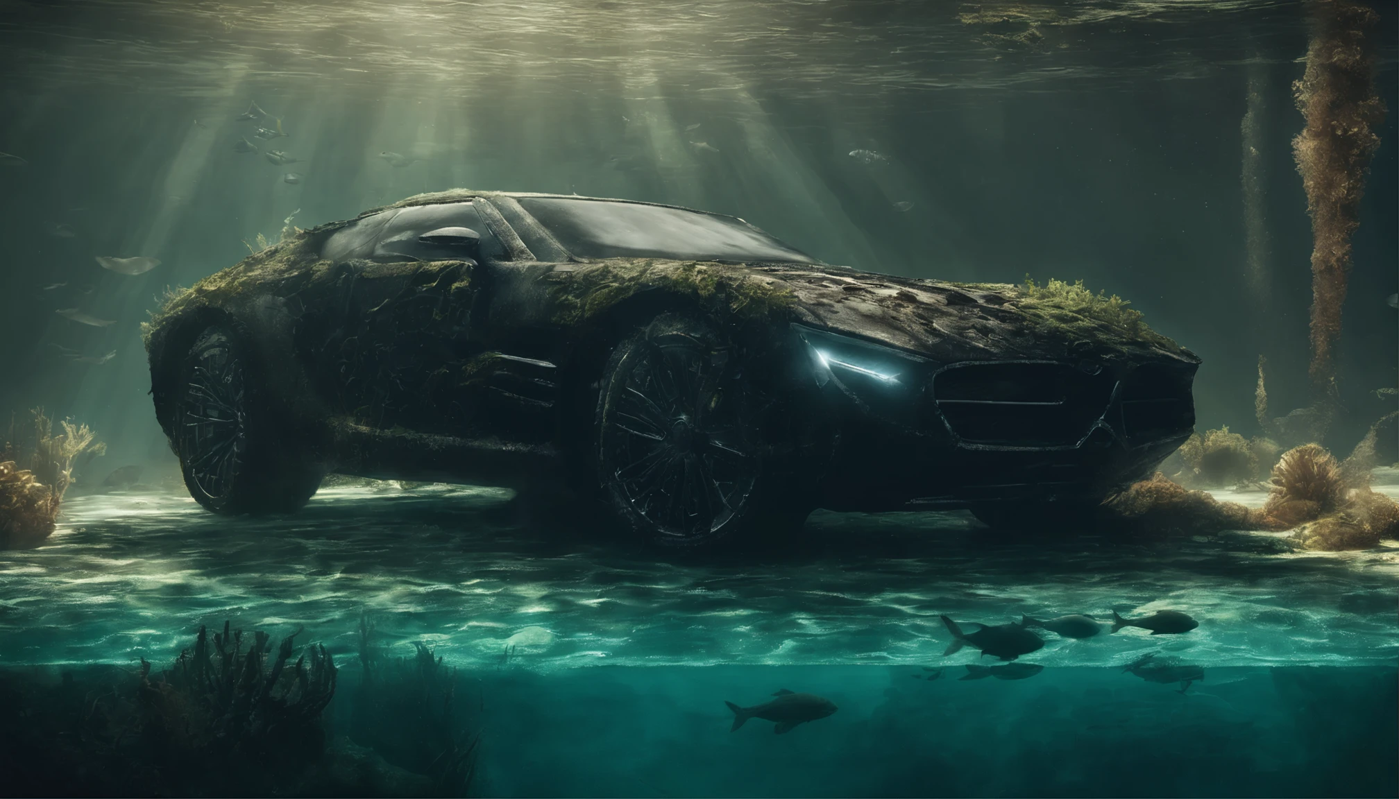 There's a sports car at the bottom of the ocean, surrounded by marine life. Light breaks through the water, creating mystical lighting. The car is partially covered with seaweed and coral, which emphasizes his prolonged stay under water. A variety of fish and other marine life swim around.
Details for creating a picture:
Main object:
sports car (Sports car).
Clean lines and modern car design, but with elements of corrosion and fouling by algae and corals.
ambient:
Ocean floor, covered with sand and stones.
Marine flora: algae, armed, sea grass.
Marine fauna: various types of fish, Maybe, small sharks, Jellyfish.
Lighting & Atmosphere:
Scattered light, penetrating through the water from above, creating soft light rays.
Shadows & Depth, giving the image realism.
Bluish and greenish shades, characteristic of the underwater environment.
Additional elements (Optional):
Shipwrecks or old chests in the distance to add ambience.
little air bubbles, rising from the car.
Style and mood:
Realistic style with high detail.
Mystical and slightly mysterious atmosphere.
Combination of modern and natural.
Technical specifications:
a high resolution.
Realistic stylization.
Detailed elements of the car and the underwater world.
Effective use of light and shadow to create depth and realism.
