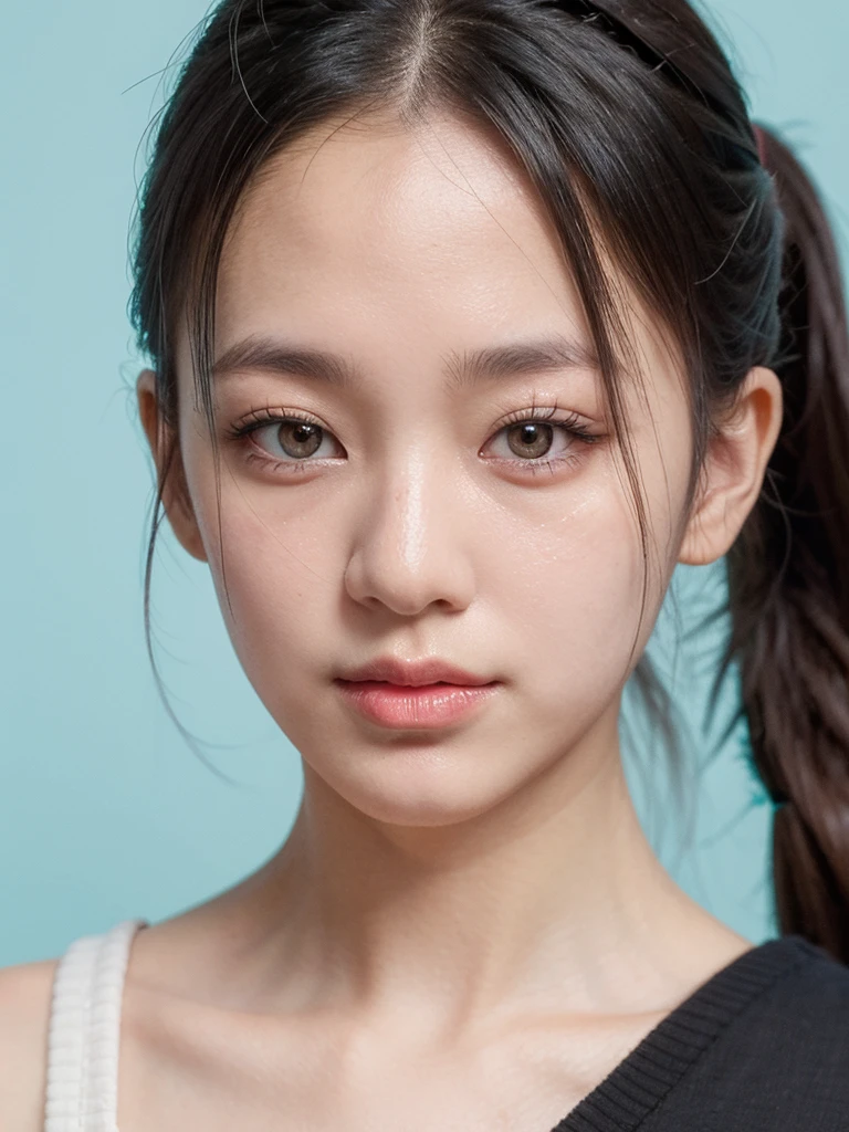 (Face close-up:1.21), (close mouth:1.21), (highest quality:1.4), 32K resolution, (Realistic:1.5), (Ultra-realistic:1.5), High resolution UHD, (masterpiece:1.2)), (Improvement of quality:1.4), (Very beautiful facial details), (Highest quality realistic skin texture:1.4), 1. woman, Supermodel, 27 years old, Perfect Anatomy:1.37, 1girl, black dress, random seductive posing, horny expression, white background, perfect skin, perfect face, 4K, high resolution, Very detailed, (turquoise eyes), Symmetrical eyes, Thin lashes, Sharpen your eyebrows, ((A great eye for quality:1.2)), (Long eyeliner), (Pink lipstick:0.8), (Detailed nose:1.2), Perfect composition, (tired, Sleepy and satisfied:0.0), (Beautiful Lips:1.33), (Great nose:1.2), (Flat Chest), (Slim lower body), (ponytail hair:1.37), (Black Hair:1.21), Let your bangs hang long, ((Realistic)), ((Sharp focus)), (Highest Resolution), dramatic cinematographic lighting,