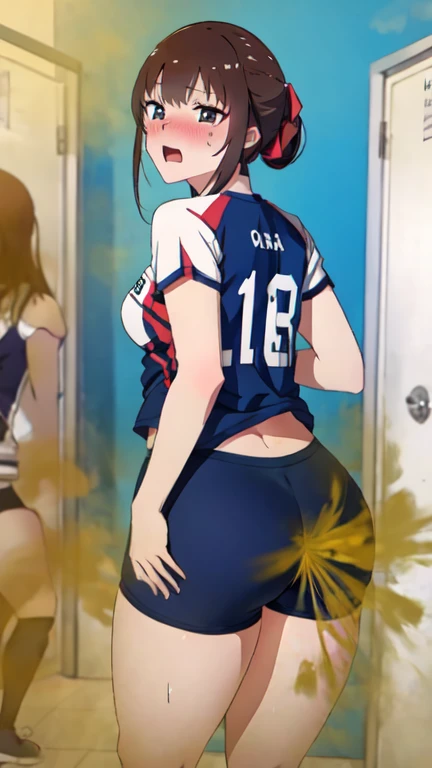 2 Asian girls, anime girls, both farting together side by side, desperate to poop, farting while standing, farting in public changing room, wearing volleyball outfit, stomach bloated, hands hugging stomach, pained expression, shocked and embarrassed, mouth open in shock, sweating, blushing, beautiful and cute face, anime art style, fit body, tall and thin, view from side, legs spread 