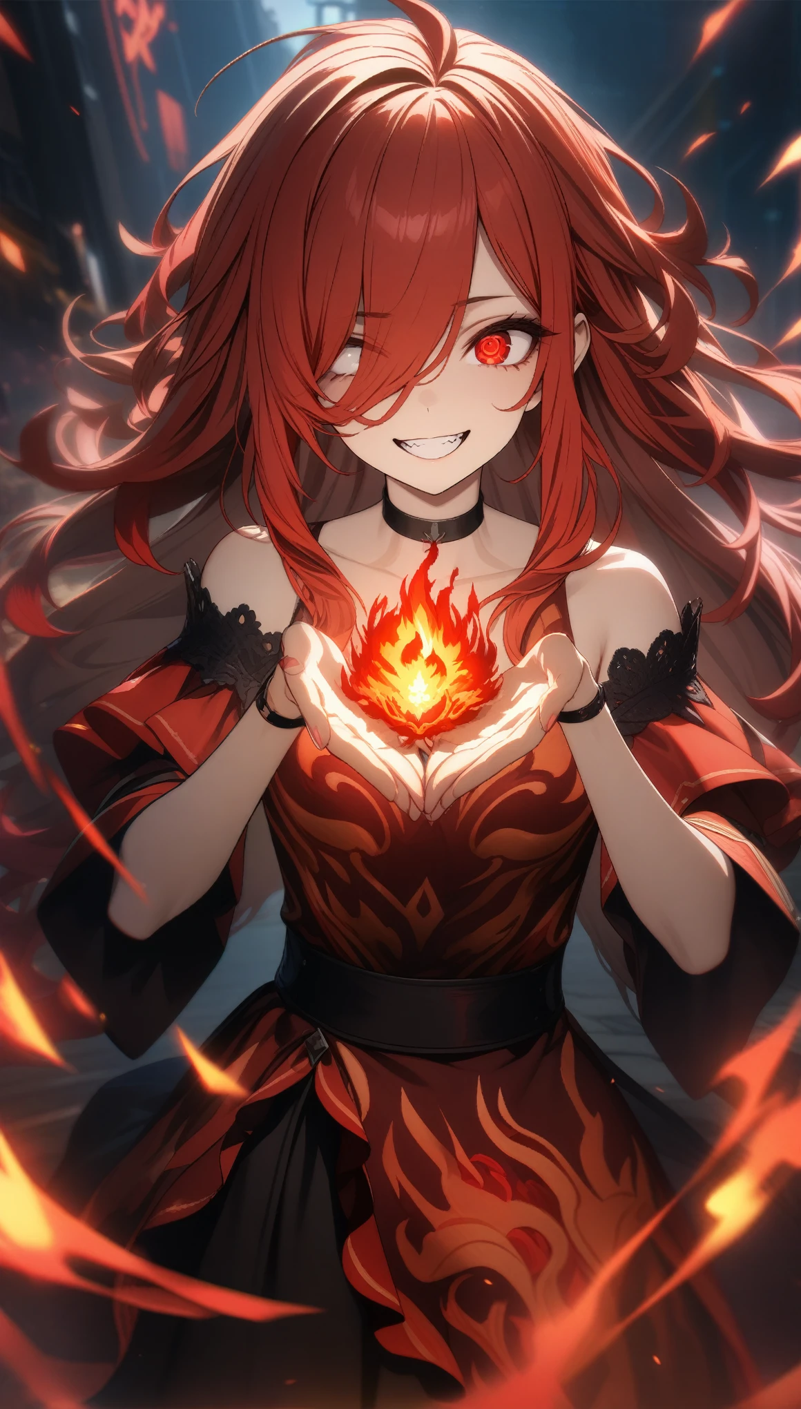 32k, best quality, ultra high res, HDR, UHD, extremely detailed CG, unity 32k wallpaper, highest quality, Intricate details, chromatic aberration, One girl, Long Hair, Red hair, Messy Hair, Red highlights, Hair on one eye, Red eyes, Sharp eyes, choker, Laugh eerily, Red flames in my hands, Red flame dress,