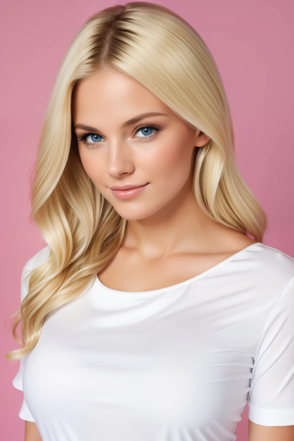 Blonde woman in plain pink cotton t-shirt